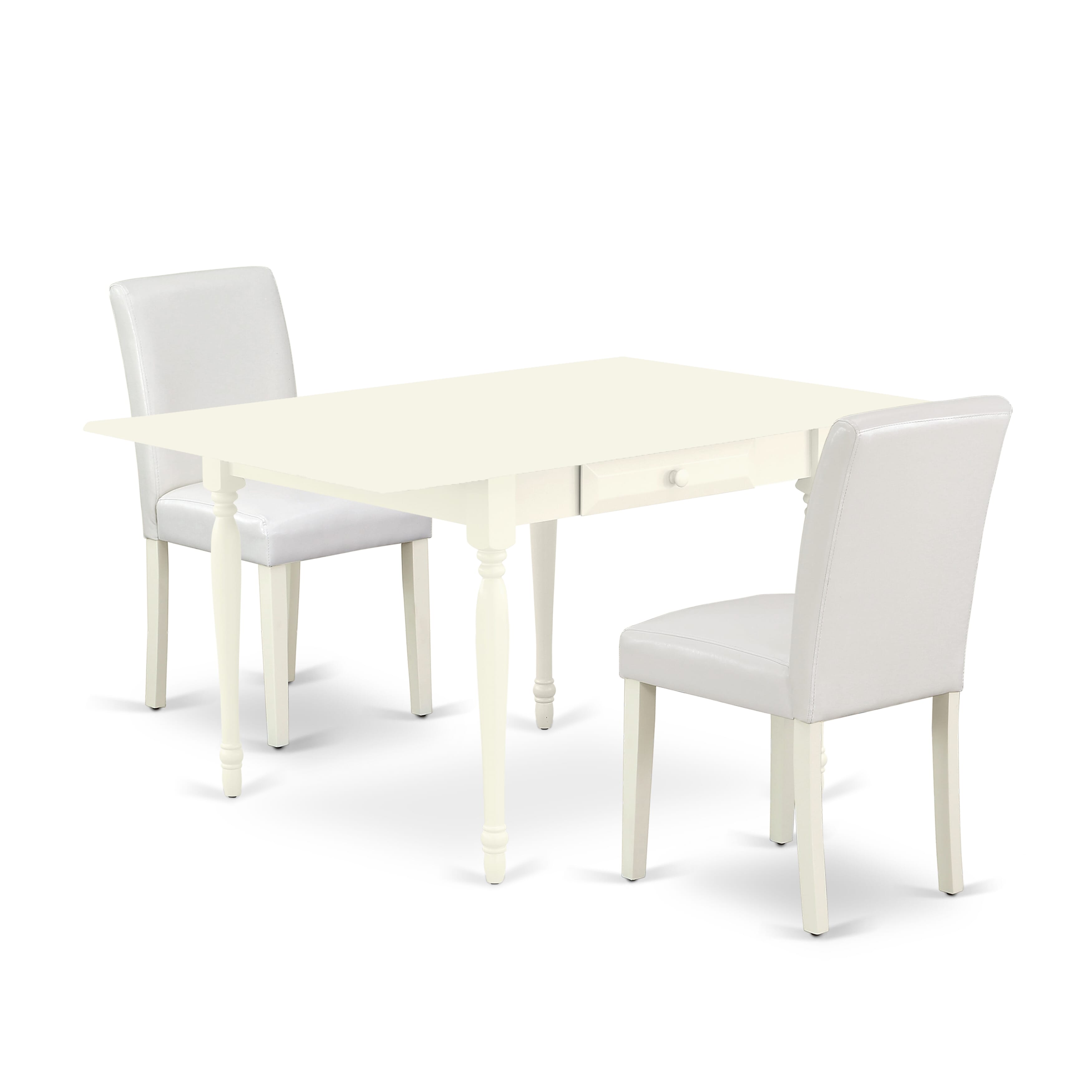 Juego de mesa de comedor East West Furniture 1MZAB3-LWH-64 de 3 piezas para 2. Incluye una mesa de comedor pequeña y 2 sillas Parsons de cuero sintético blanco, mesa abatible con respaldo completo y acabado blanco lino.