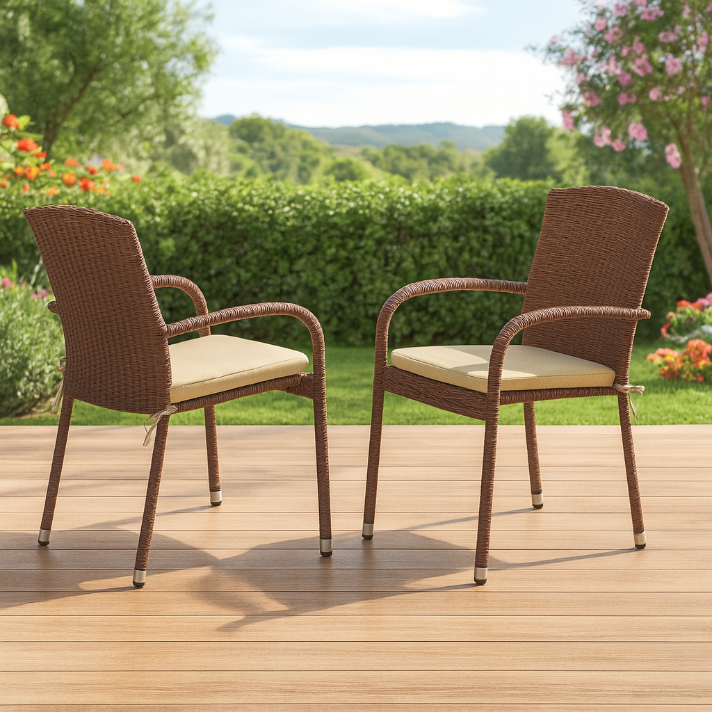 JULC102A JUBI PATIO CHAIR WITH CUSHION, BROWN WICKER, AND BEIGE CUSHION - Set of 2