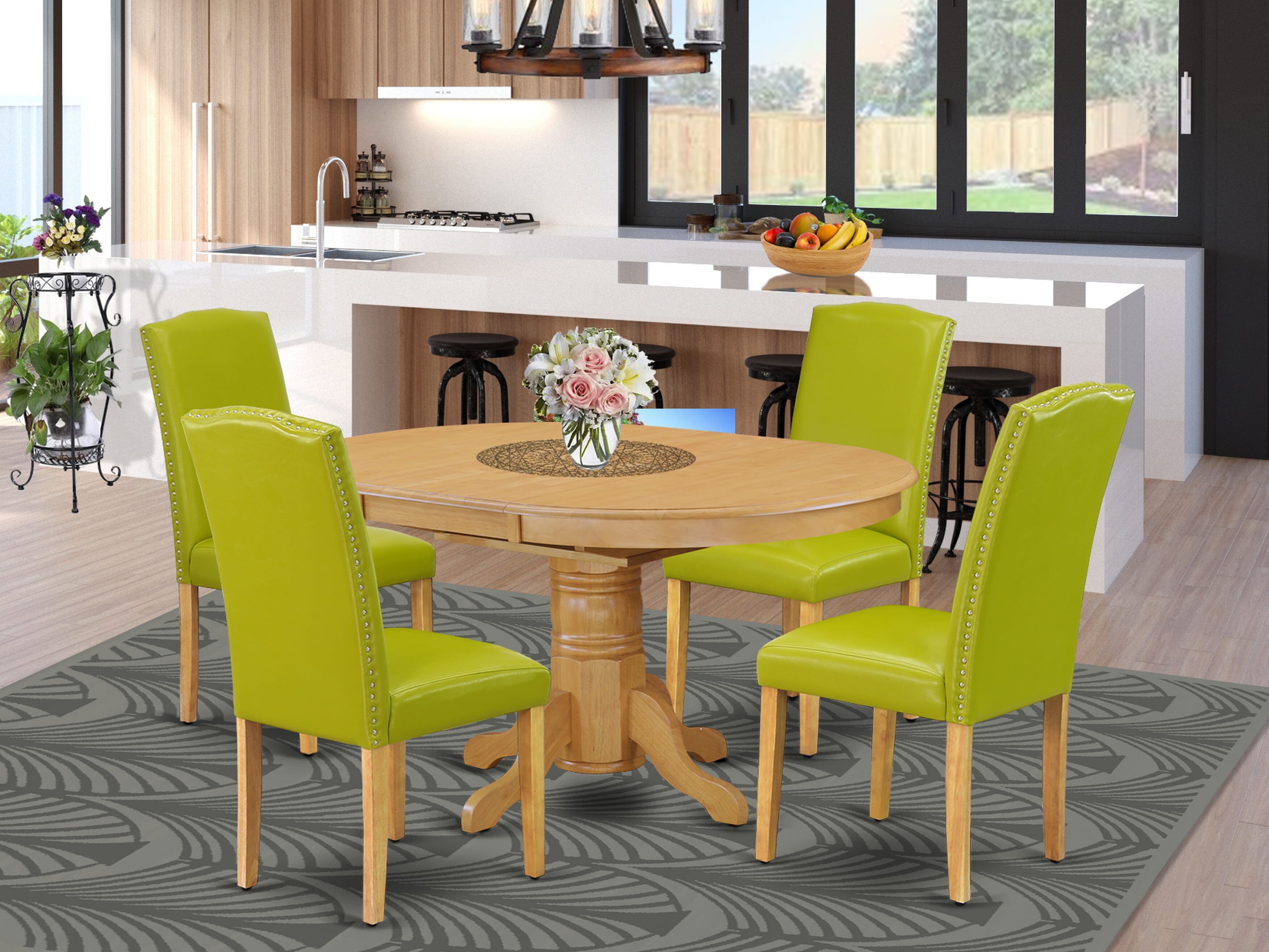 El juego de mesa de comedor moderno de 5 piezas East West Furniture AVEN5-OAK-51 incluye una mesa ovalada de madera con hojas de mariposa y 4 sillas Parsons de cuero sintético verde otoño.
