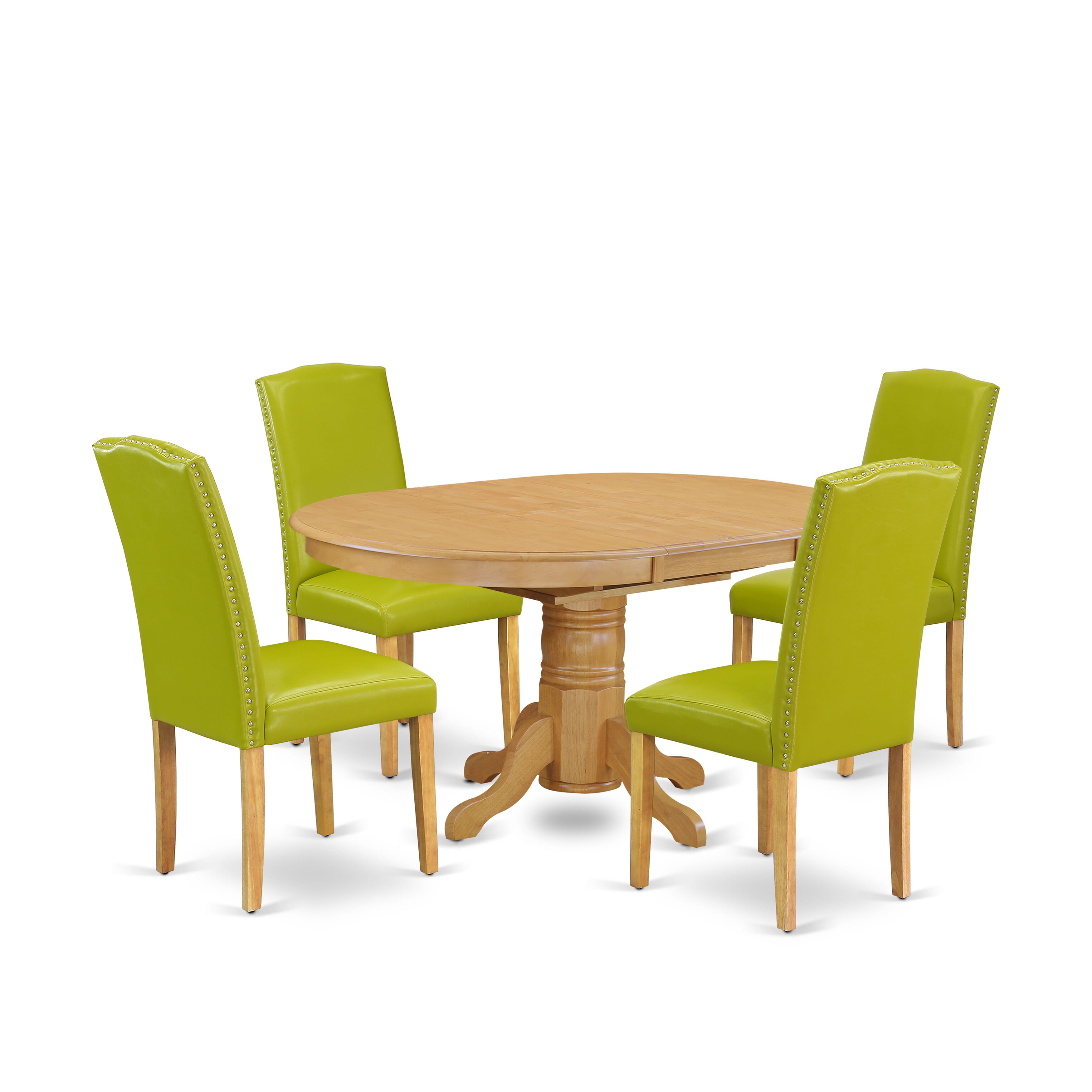 El juego de mesa de comedor moderno de 5 piezas East West Furniture AVEN5-OAK-51 incluye una mesa ovalada de madera con hojas de mariposa y 4 sillas Parsons de cuero sintético verde otoño.