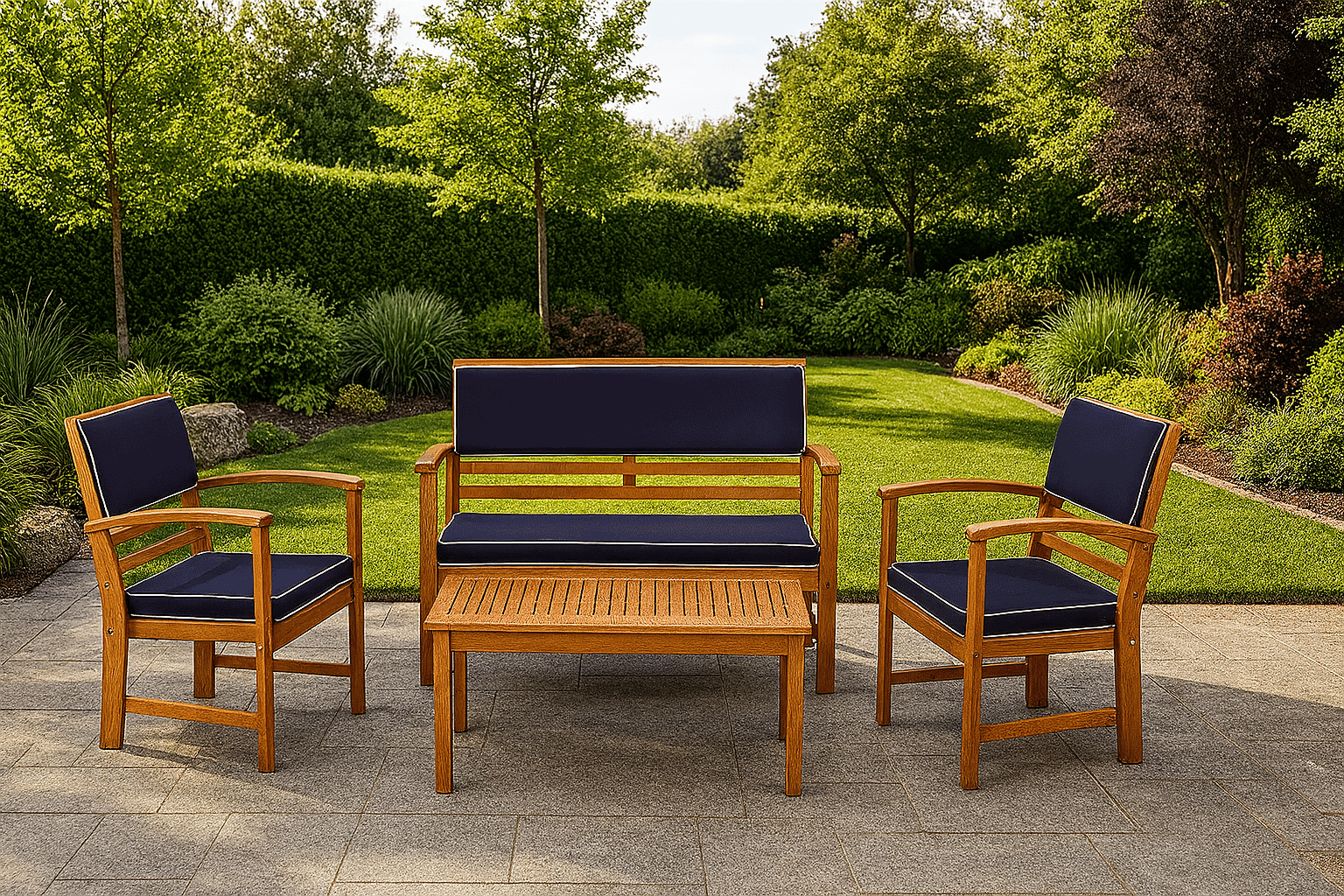 El juego de sofás de bistró para patio BCOSSNA de 4 piezas de East West Furniture incluye una mesa de bistró rectangular de madera de acacia para exteriores y cojines para todo tipo de clima.