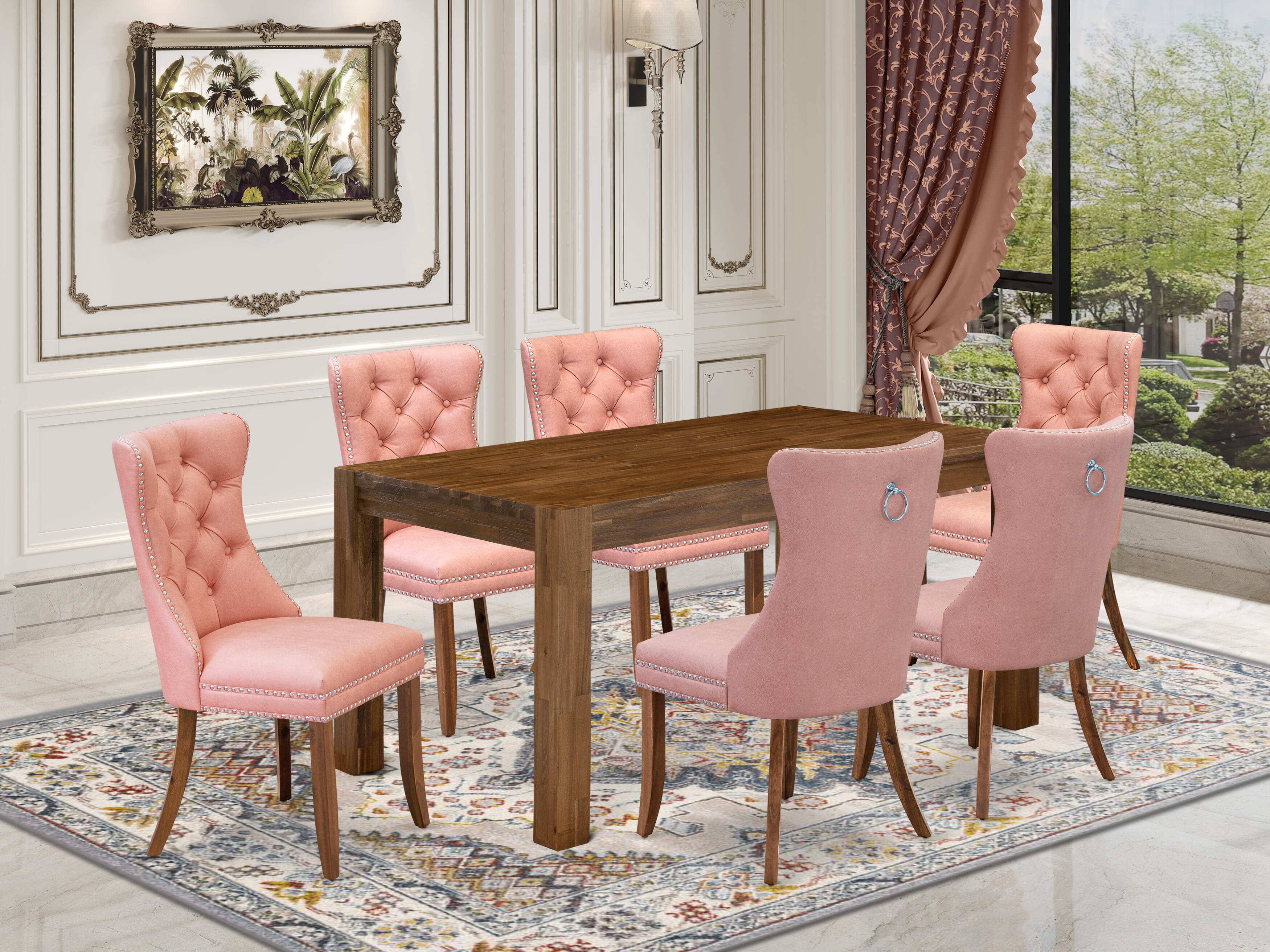 East West Furniture CNDA7-0N-T23 7 Piece Kitchen Table Set Includes a Rectangle Rustic Wood Table and 6 Upholstered Parson Chairs, 36x60 Inch, Sandblasting Antique Walnut