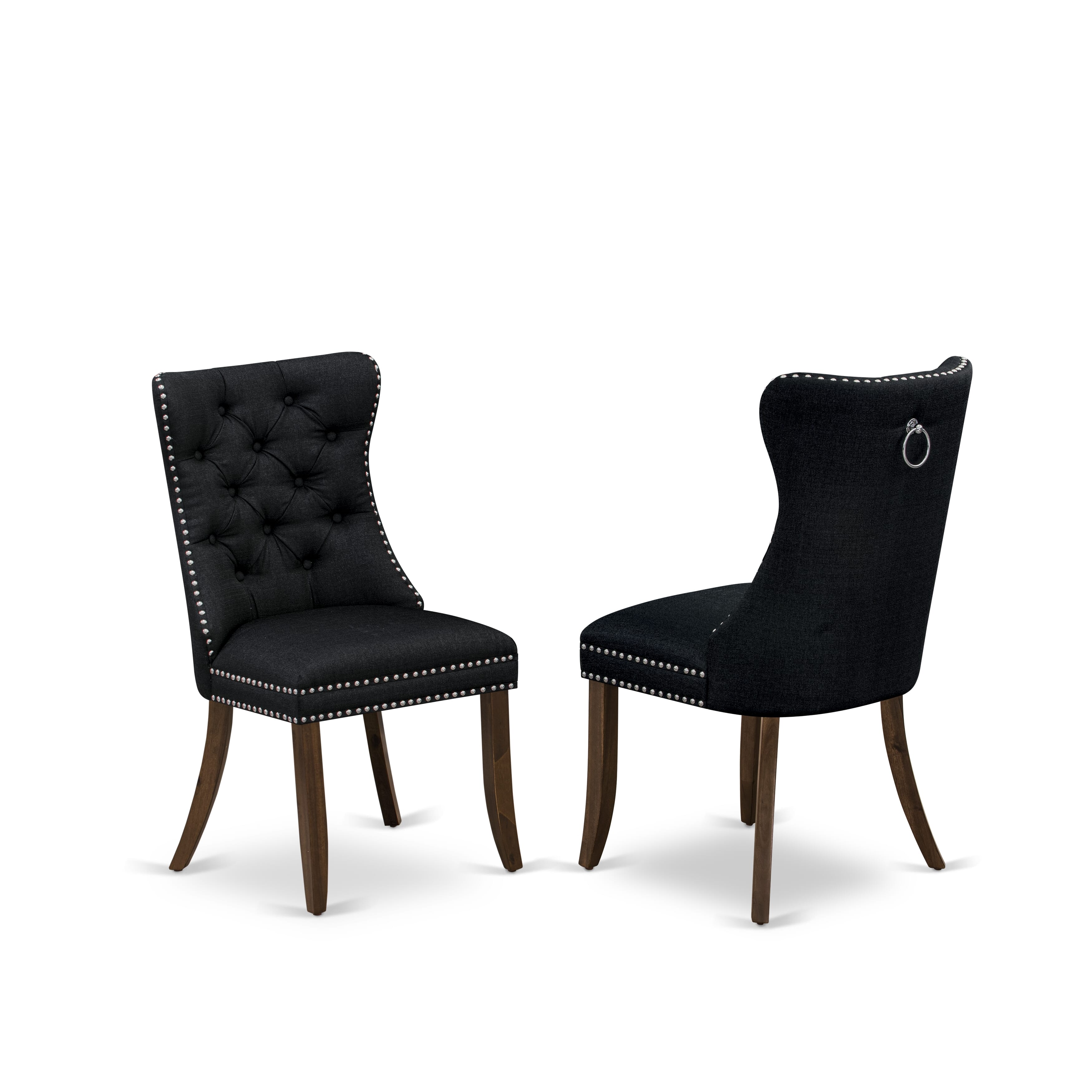 Luxe by East West Furniture F2DA7-50N-24 7-Piece Dining Set with Linen Fabric 6 Black upholstered chairs, Button-Tufted Backs, and a 54"Round Dining Table in Antique Walnut Finish.