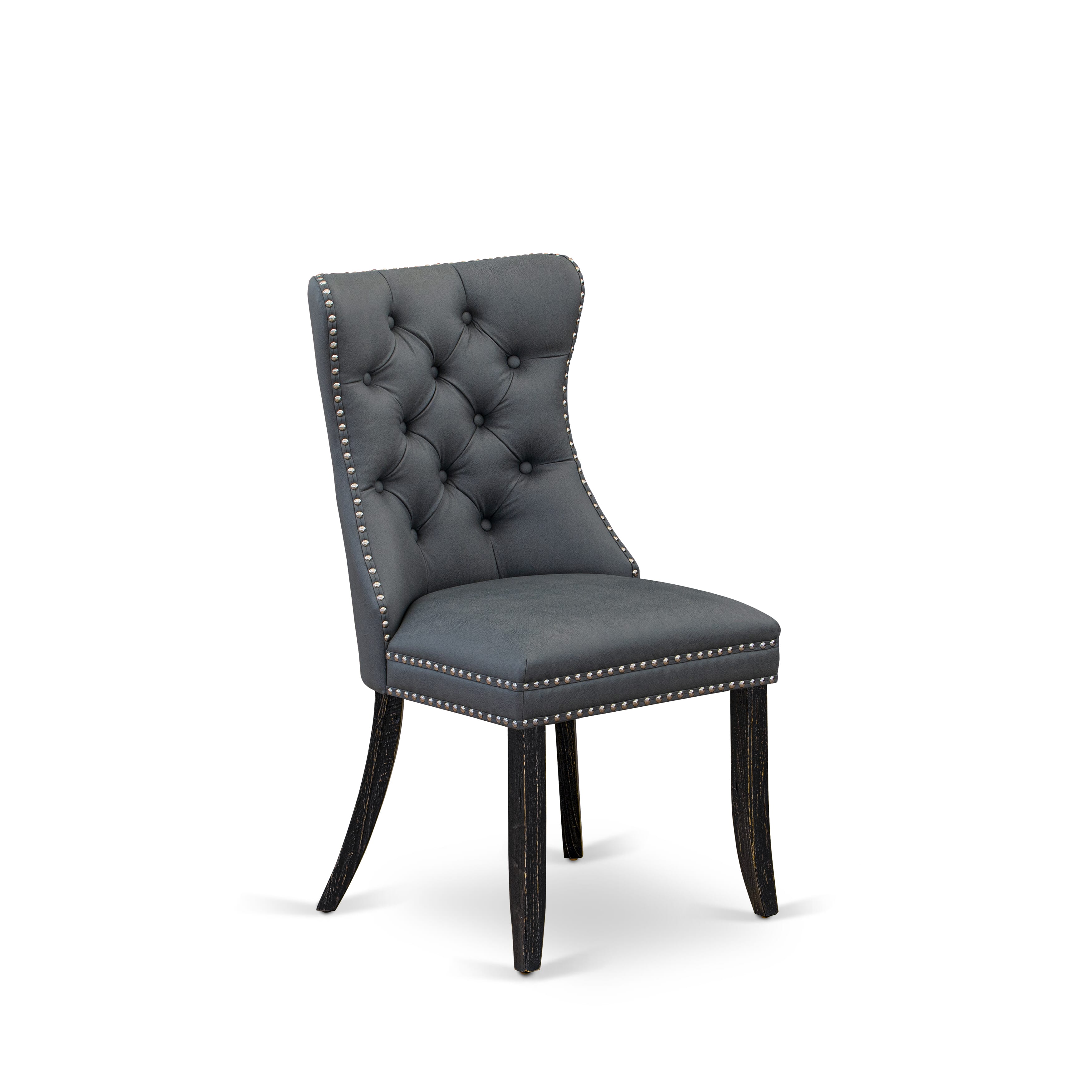 Luxe by East West Furniture F5DA5-411-13 5-piece Modern Dining Table Set with Faux Leather 4 Platinum Gray kitchen chairs, Button-Tufted Backs, and a 48"Round Table in Sand Blasted Black Finish.