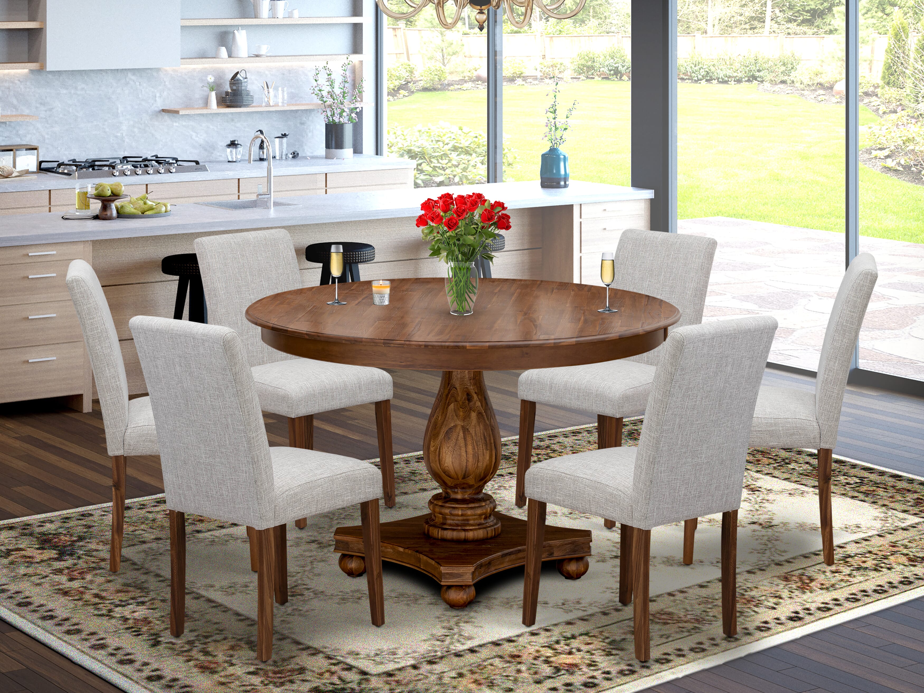 F2AB7-N35 7-Piece Dinette Set - Kitchen Pedestal Table and 6 Doeskin Color Parson Wood Chairs with High Back - Antique Walnut Finish