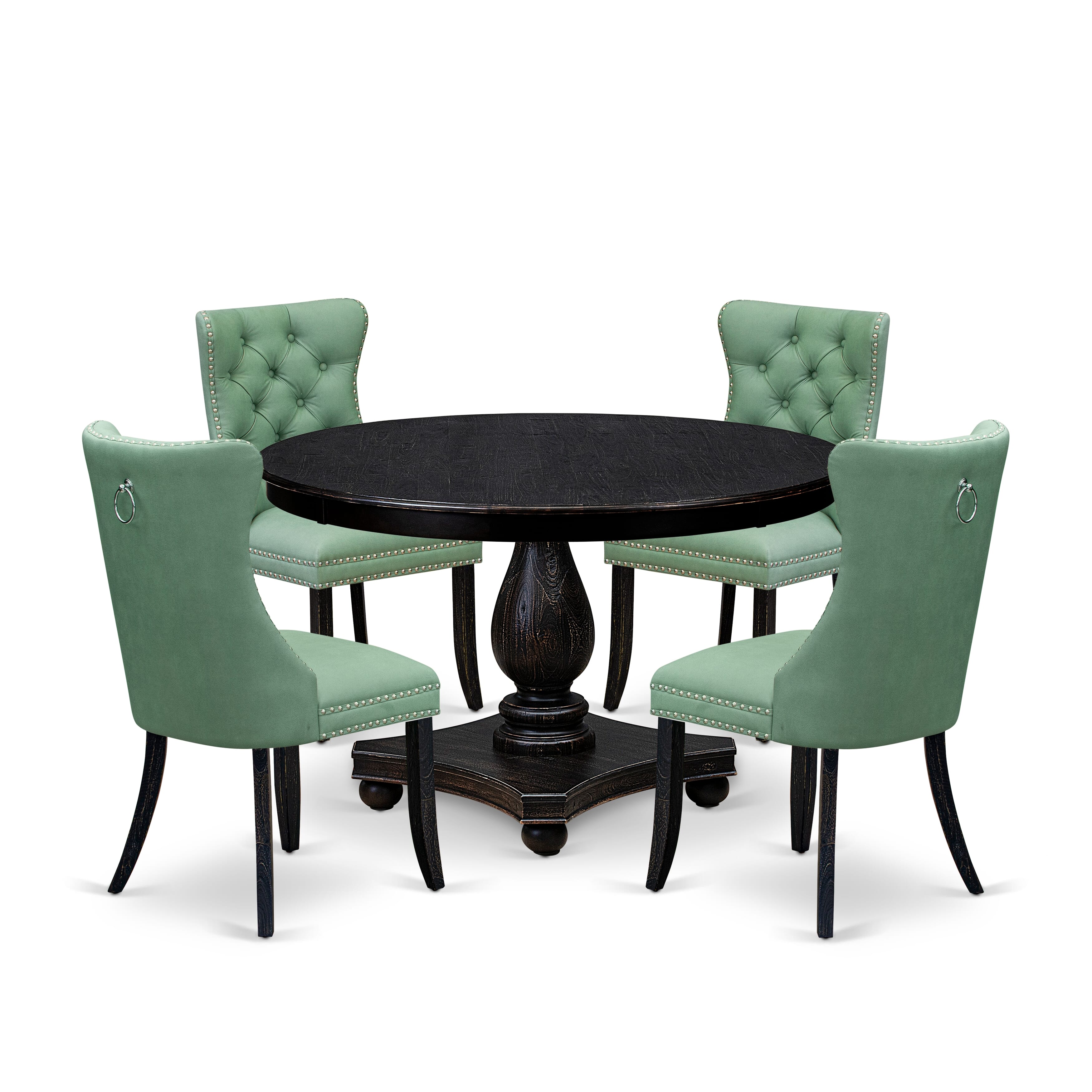 Luxe by East West Furniture F2DA5-411-22 5 Piece Dining Set Includes a 48" Round Table with Pedestal and 4 Willow Green Faux Leather Upholstered Chairs, Sand Blasted Black