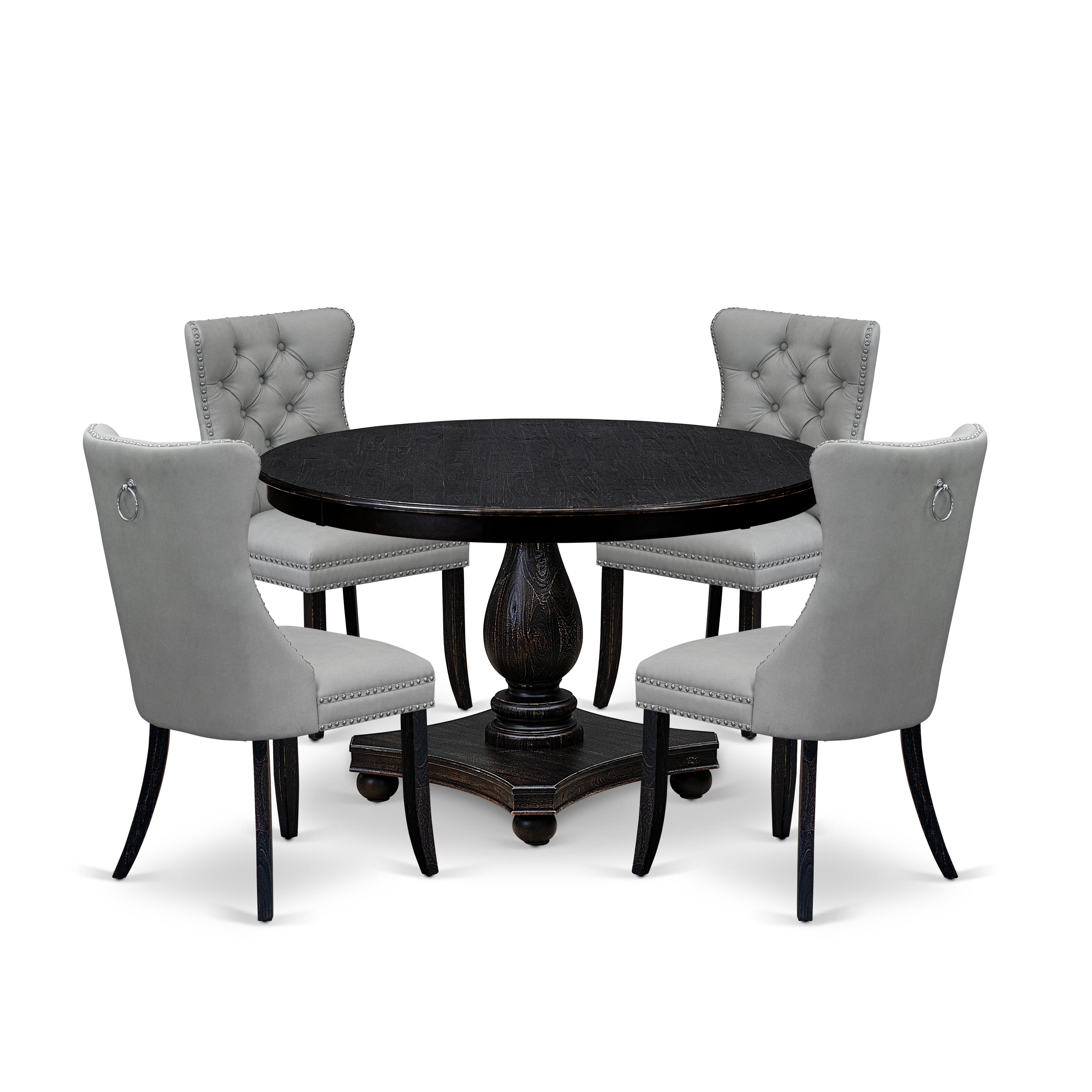 Luxe by East West Furniture F2DA5-411-27 5 Piece Dining Table Set Consists of a 48" Round Table with Pedestal and 4 Light Gray Faux Leather Parson Chairs, Sand Blasted Black