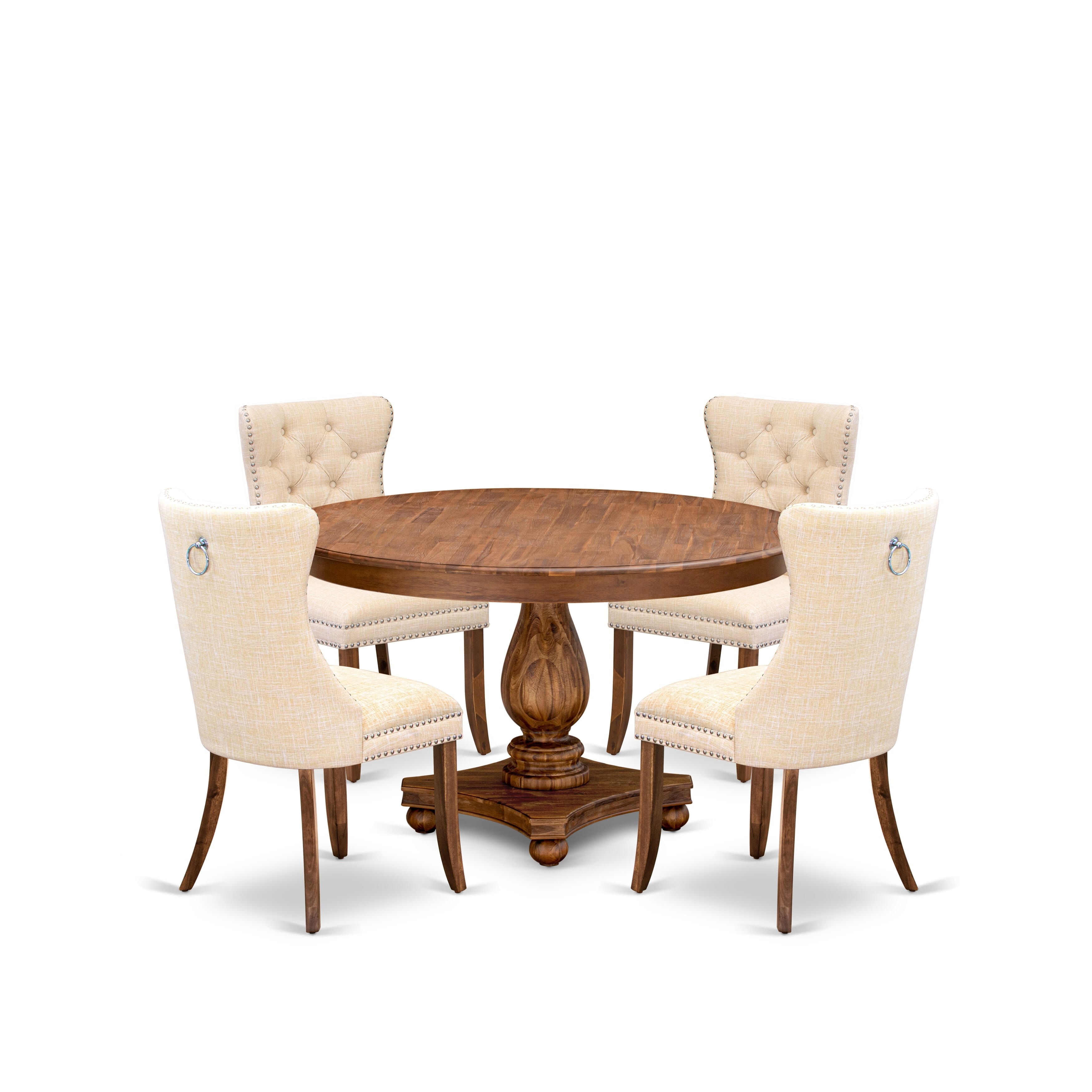 Luxe by East West Furniture F2DA5-50N-32 5-Piece Kitchen Table Set with Linen Fabric 4 Light Beige Dining Room chairs, Button-Tufted Backs, and a 54"Round Table in Antique Walnut Finish.