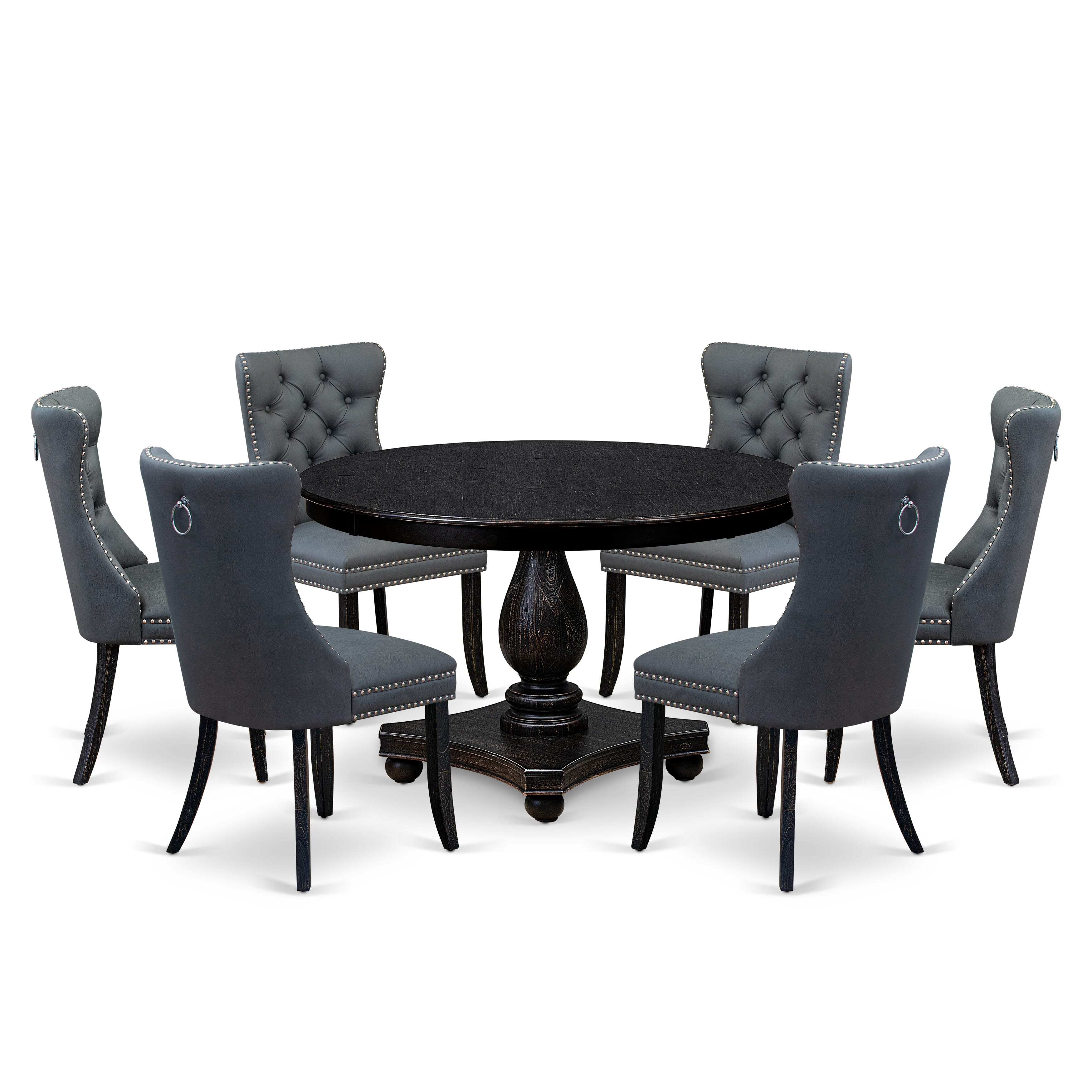 Luxe by East West Furniture F2DA7-411-13 7-piece Dining Table Set with Faux Leather 6 Platinum Gray dining room chairs, Button-Tufted Backs, and a 48"Round Breakfast Table in Sand Blasted Black Finish