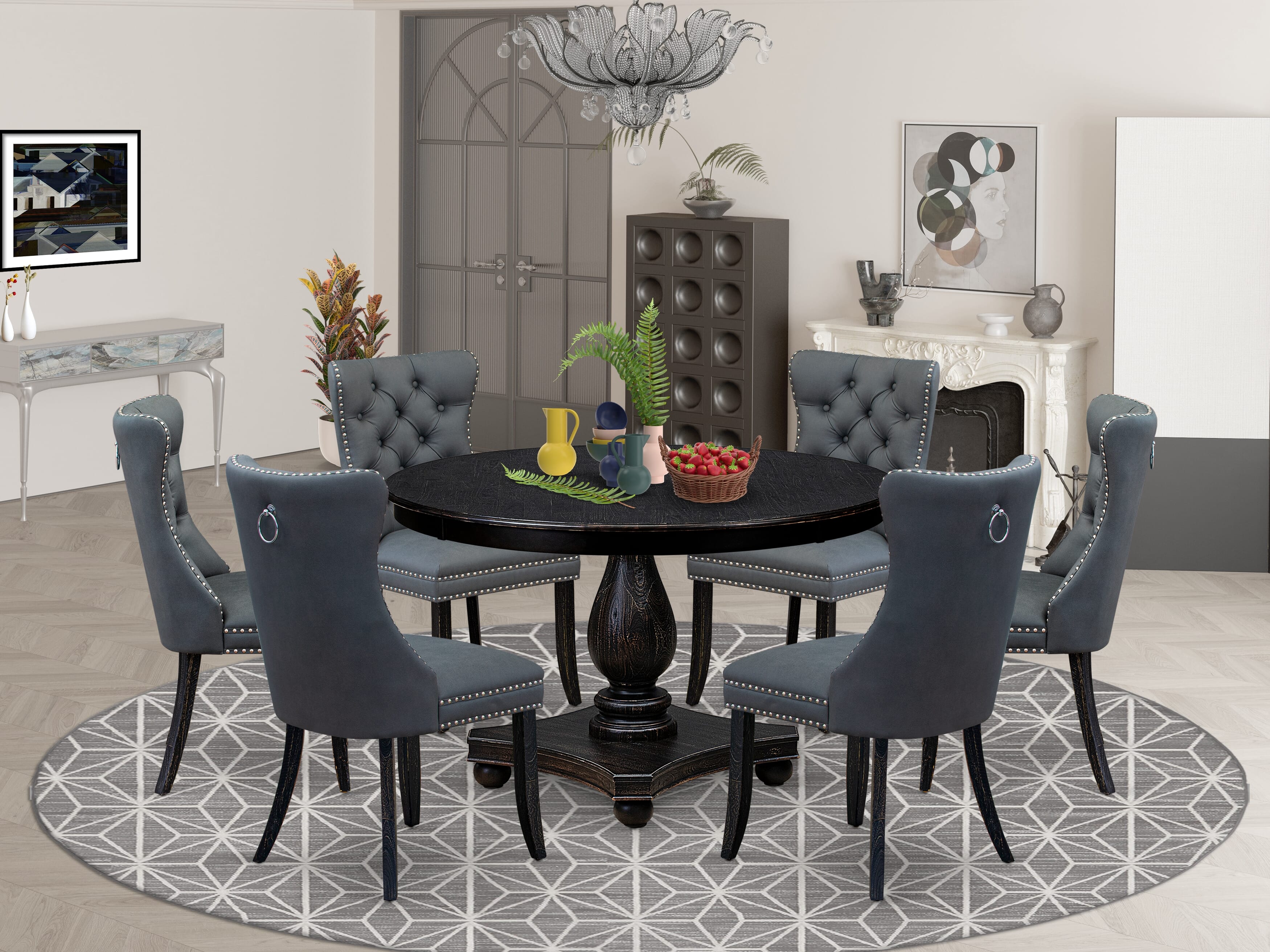 Luxe by East West Furniture F2DA7-411-13 7-piece Dining Table Set with Faux Leather 6 Platinum Gray dining room chairs, Button-Tufted Backs, and a 48"Round Breakfast Table in Sand Blasted Black Finish