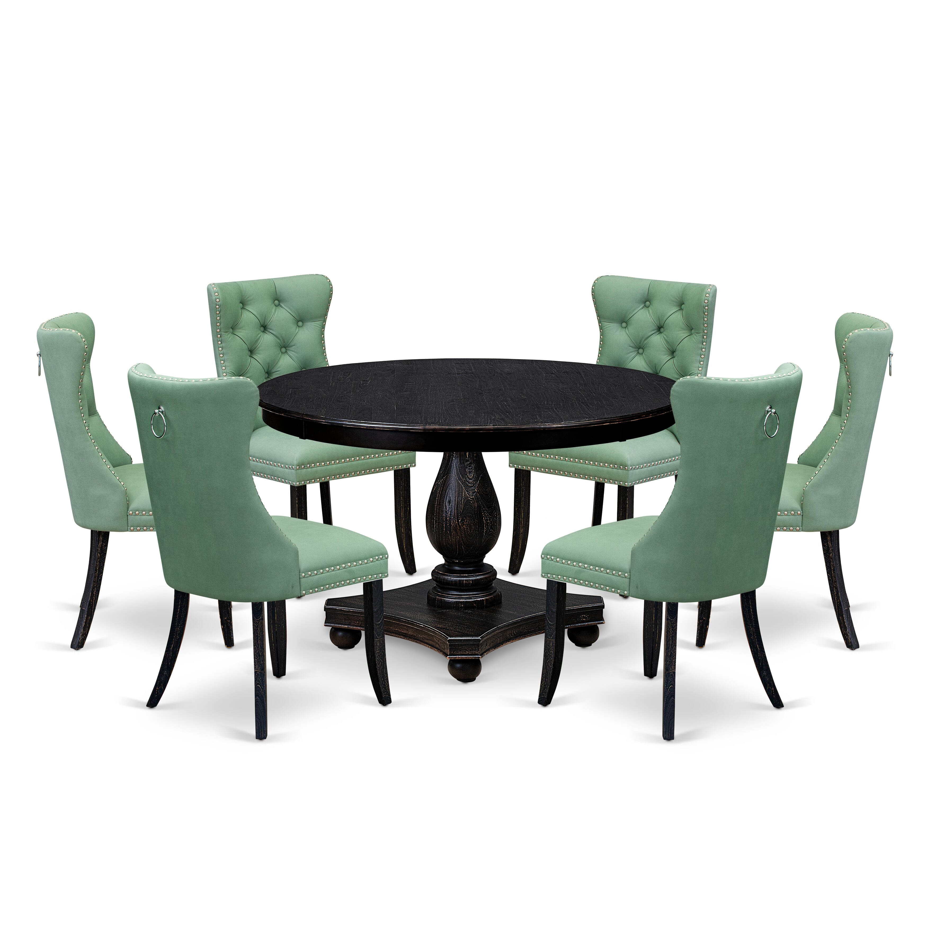 Luxe by East West Furniture F2DA7-411-22 7 Piece Dinette Set Consists of a 48" Round Table with Pedestal and 6 Willow Green Faux Leather Dining Chairs, Sand Blasted Black