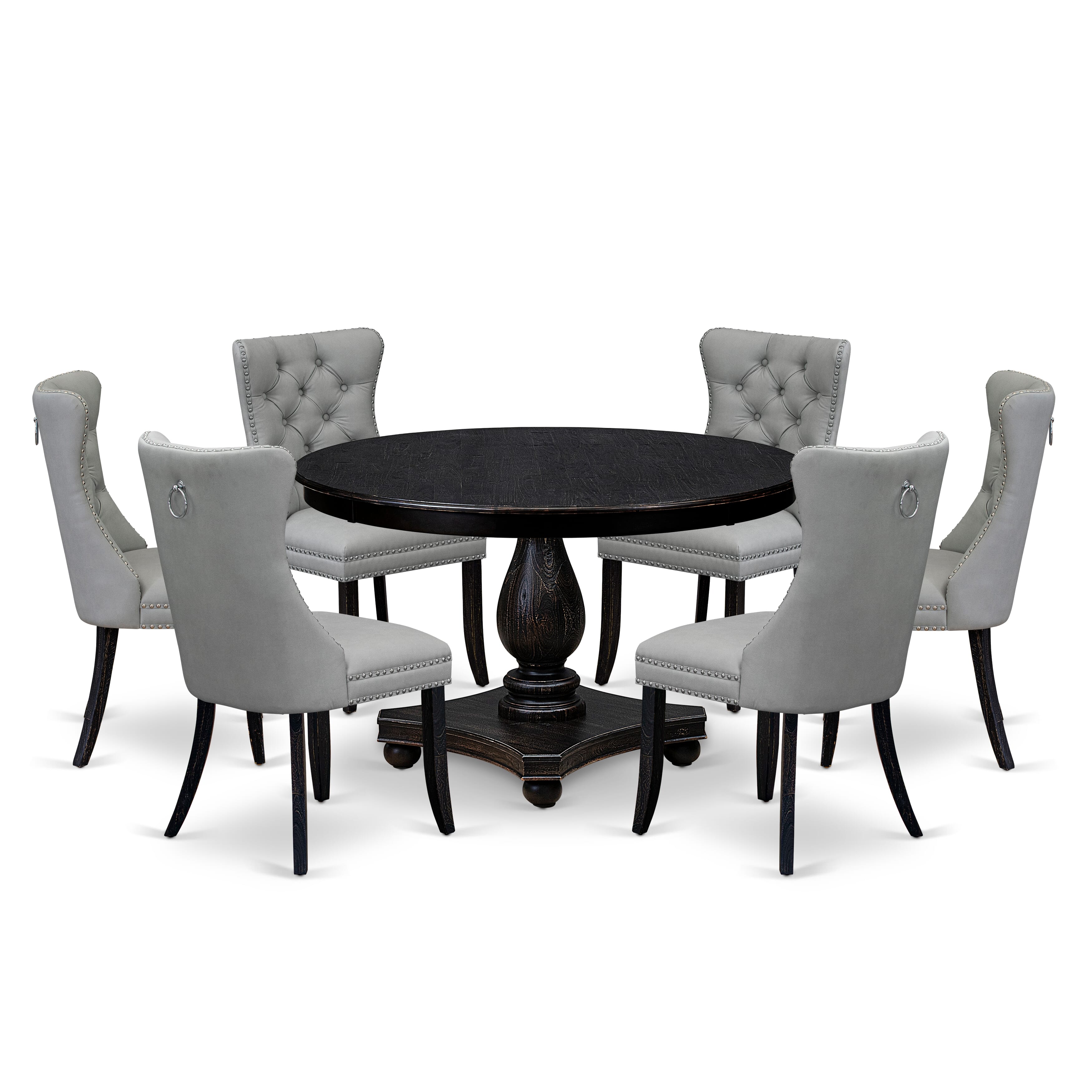 Luxe by East West Furniture F2DA7-411-27 7 Piece Dining Table Set Contains a 48" Round Table with Pedestal and 6 Light Gray Faux Leather Upholstered Chairs, Sand Blasted Black