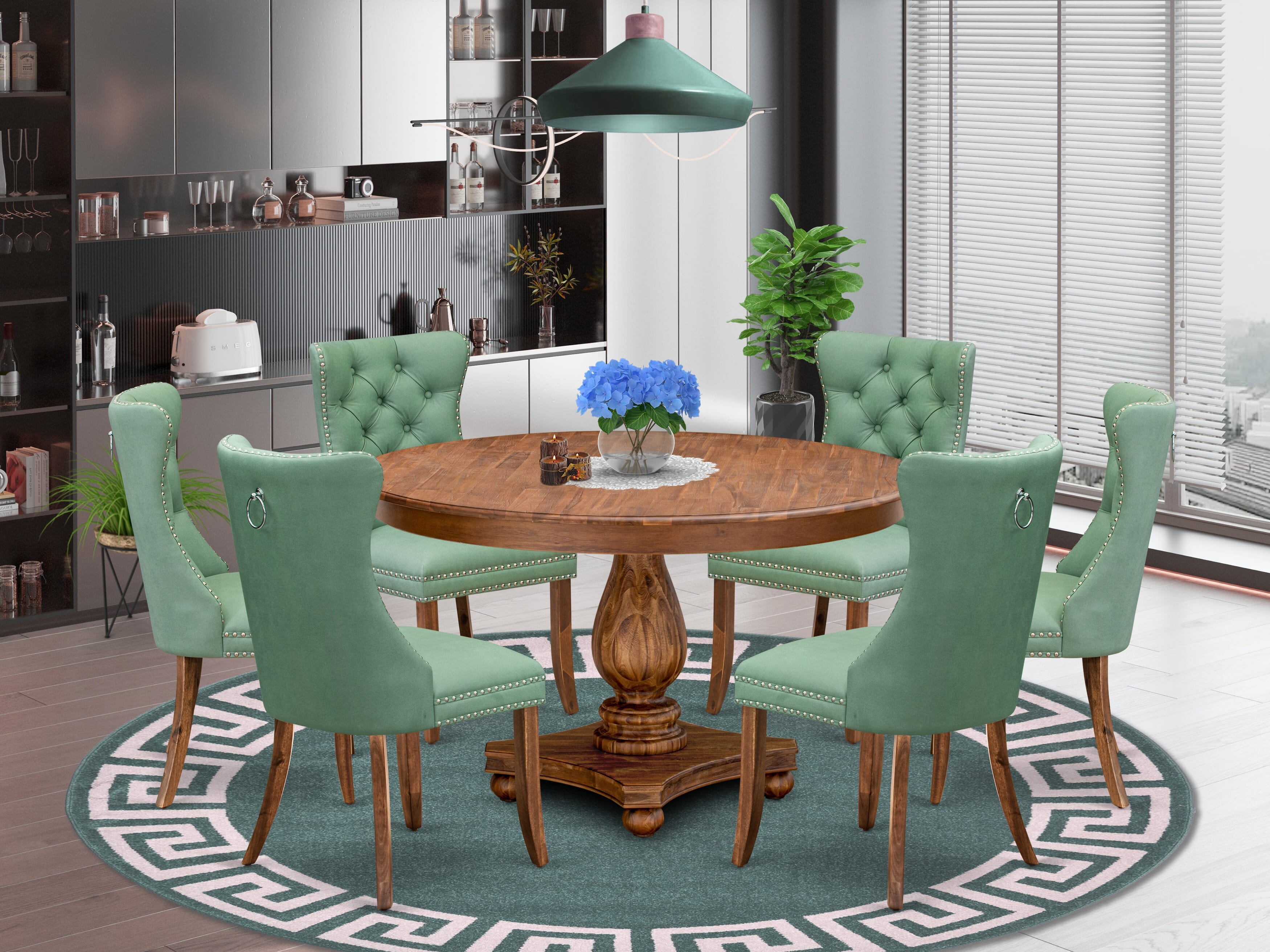 Luxe by East West Furniture F2DA7-50N-22 7-piece Kitchen table set included a Dining Table and 6 Willow Green Faux Leather Kitchen Chairs with Button Tufted Back - Antique Walnut Finish