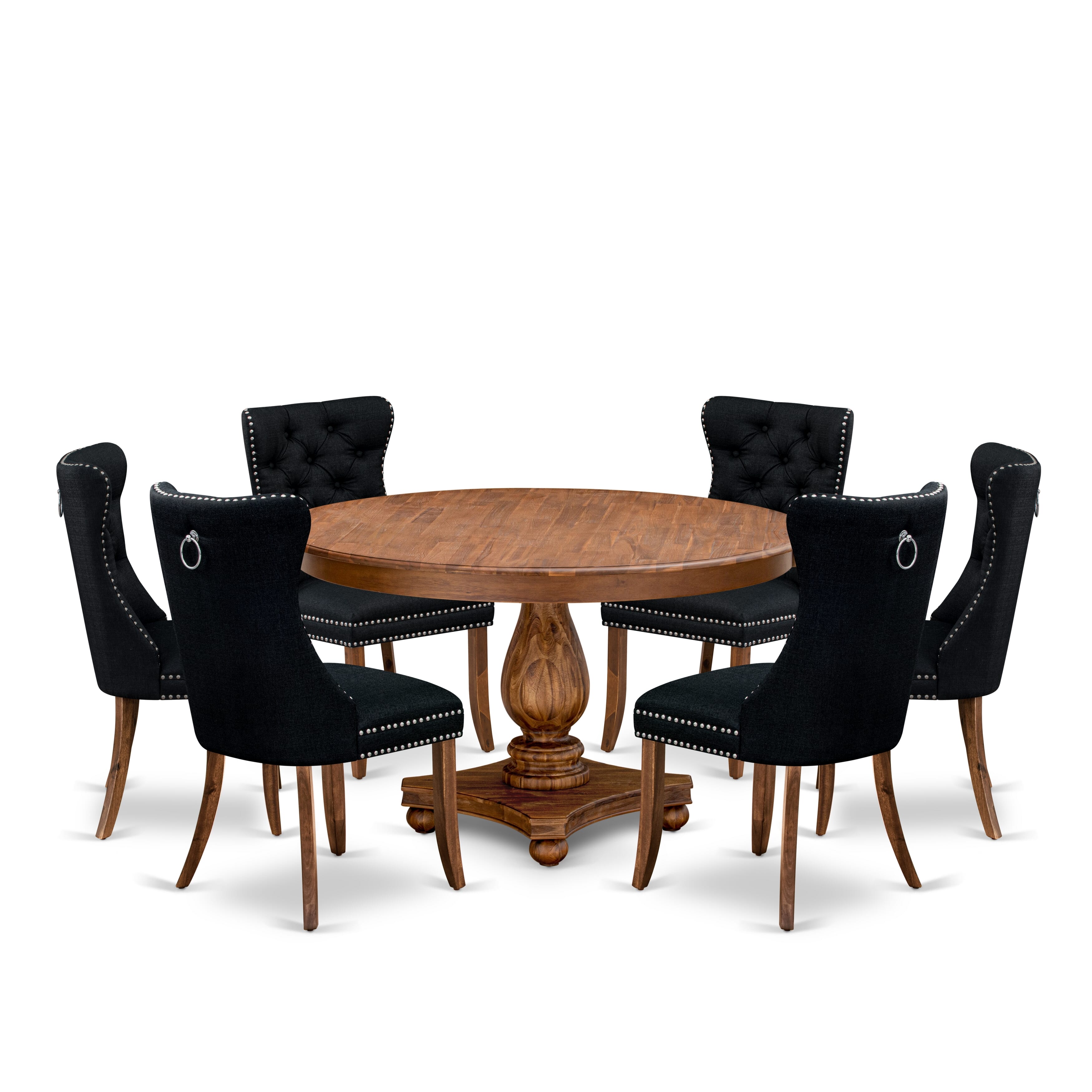 Luxe by East West Furniture F2DA7-50N-24 7-Piece Dining Set with Linen Fabric 6 Black upholstered chairs, Button-Tufted Backs, and a 54"Round Dining Table in Antique Walnut Finish.