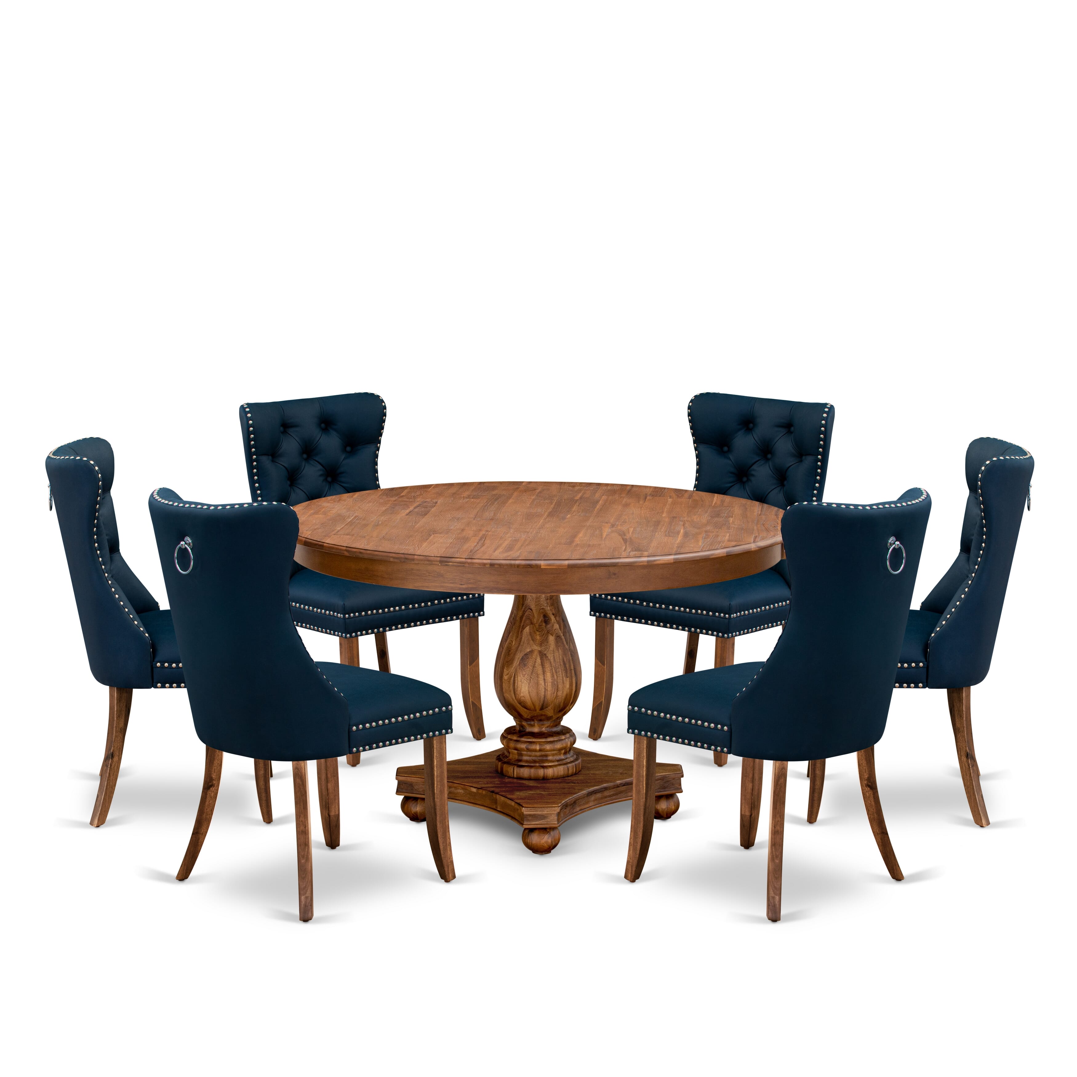 Luxe by East West Furniture F2DA7-50N-29 7-Pc Kitchen Dining Table Set Contain a Mid Century Table and 6 Navy Blue Faux Leather Chairs with Button-Tufted Back, Antique Walnut