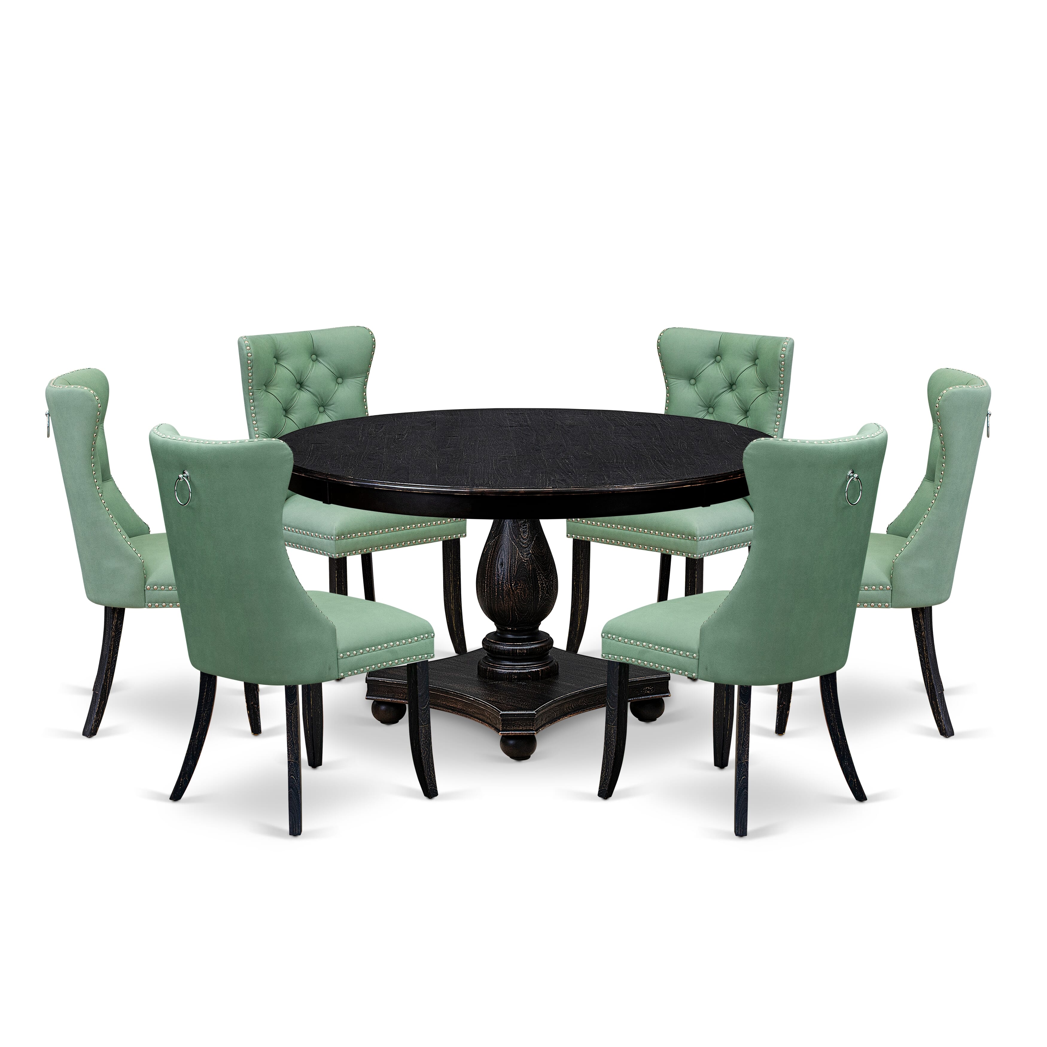 Luxe by East West Furniture F2DA7-511-22 7 Piece Dinette Set Contains a 54" Round Table with Pedestal and 6 Willow Green Faux Leather Upholstered Chairs, Sand Blasted Black