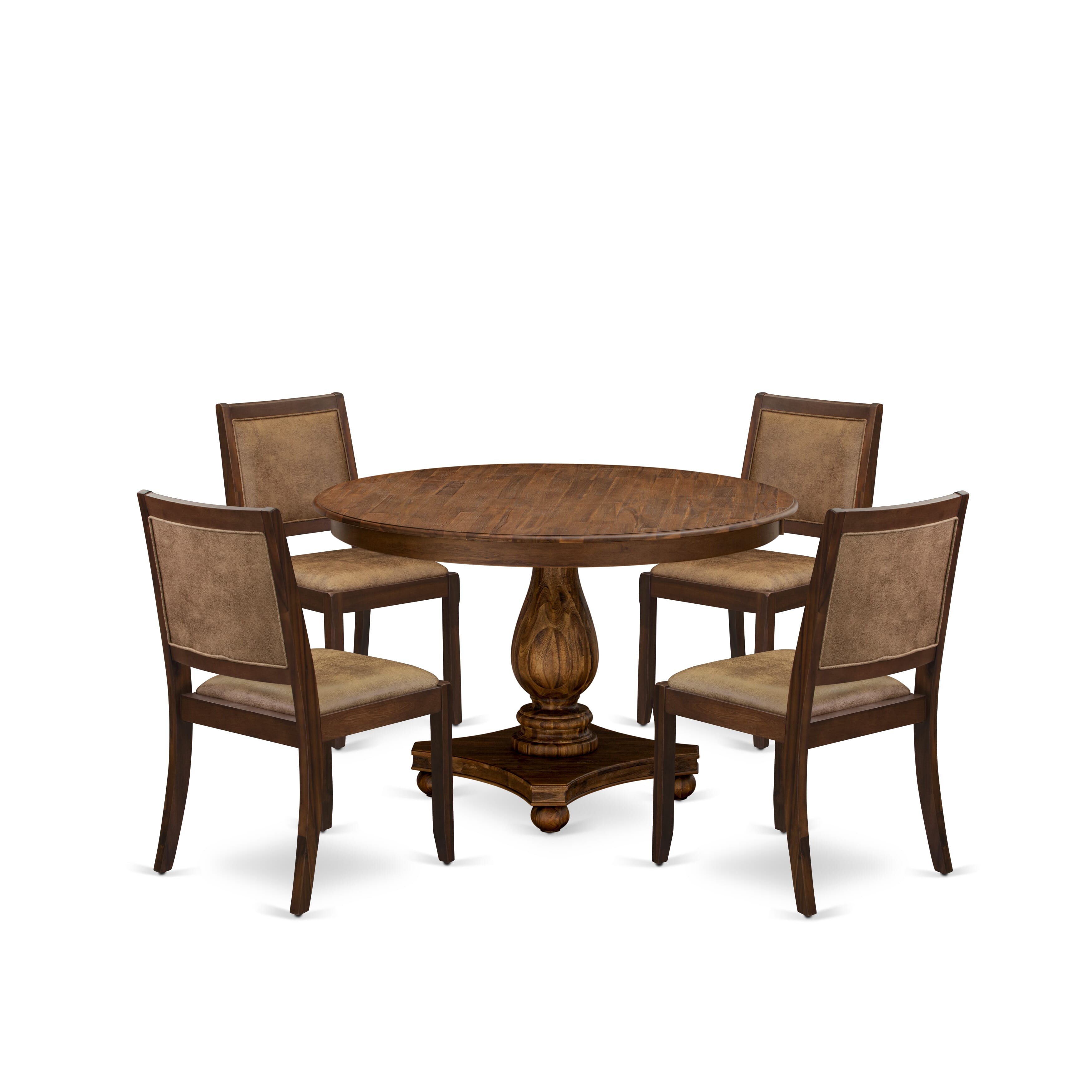 F2X25-0N-28 5-pc Dining set consists of a Round Table and 4 Brown Textured Faux Leather stackable chairs, Antique Walnut Finish.