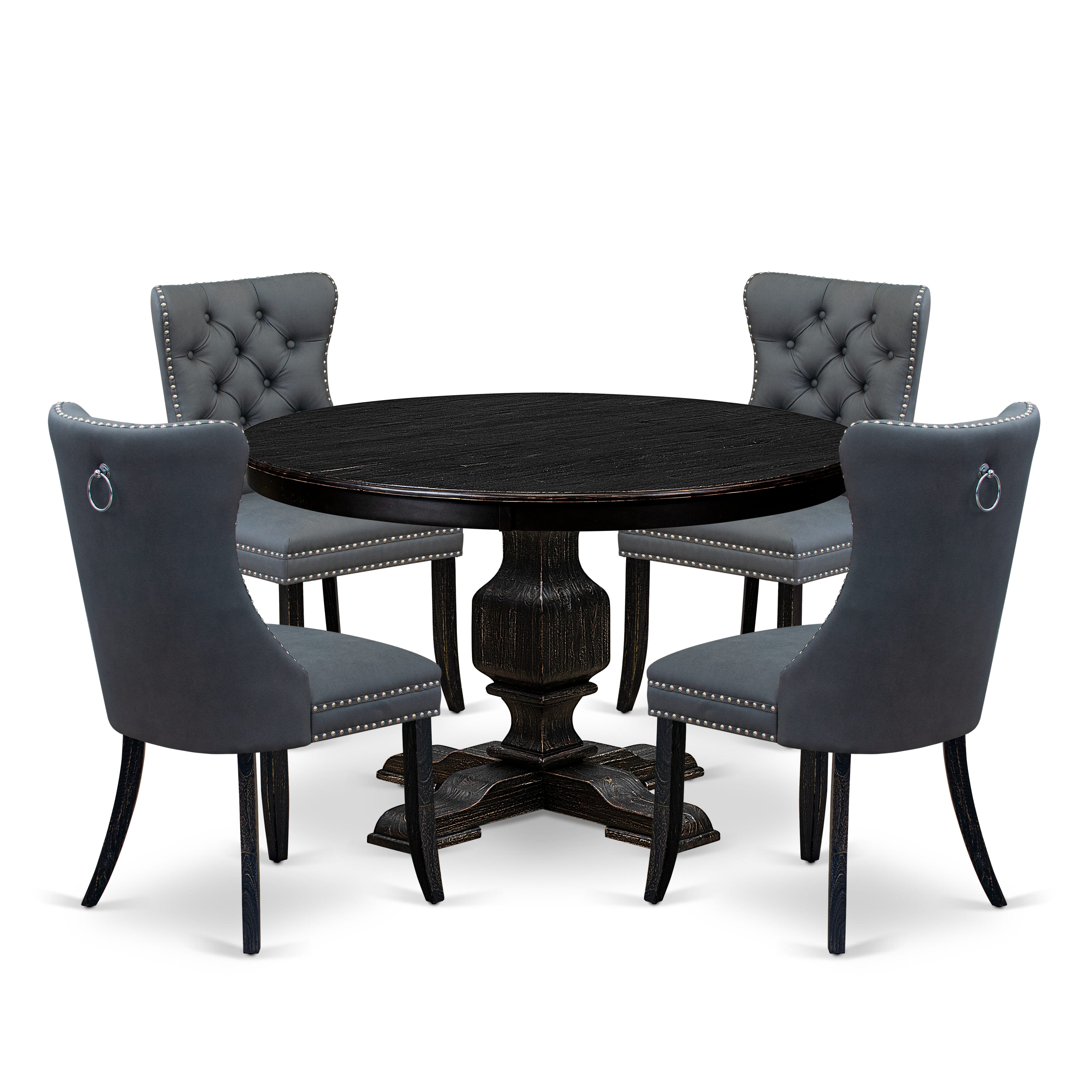 Luxe by East West Furniture F3DA5-411-13 5-piece Dining Room Set with Faux Leather 4 Platinum Gray kitchen chairs, Button-Tufted Backs, and a 48"Round Dinner Table in Sand Blasted Black Finish.