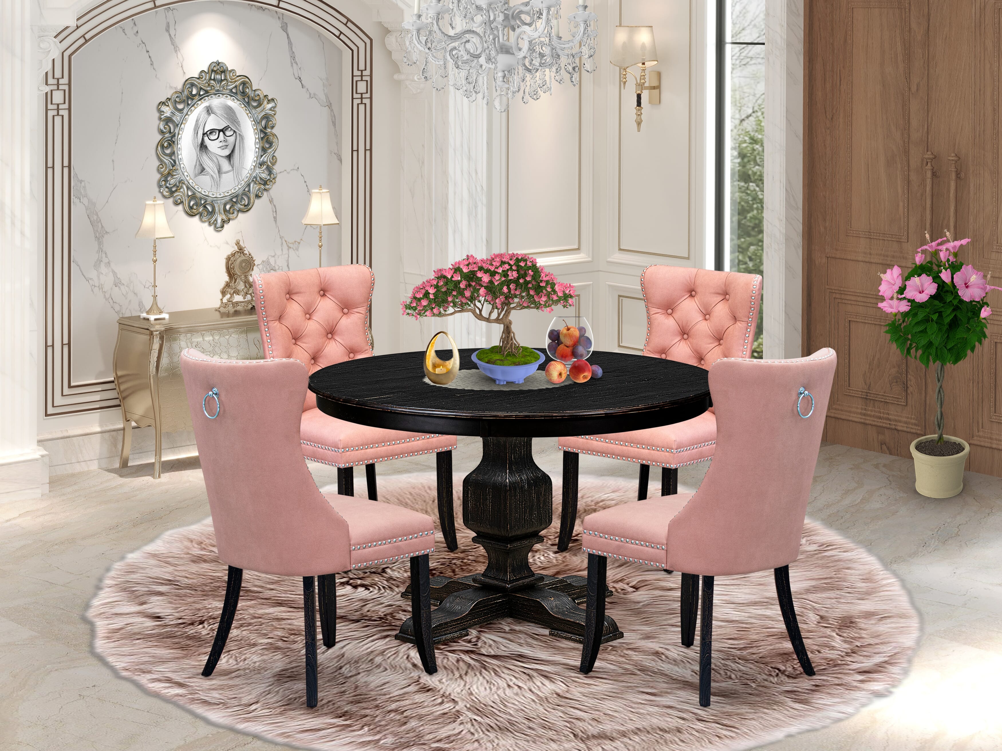 Luxe by East West Furniture F3DA5-411-23 5 Piece Dining Set for 4 Includes a 48" Round Table with Pedestal and 4 Beige Red Faux Leather Upholstered Chairs, Sand Blasted Black