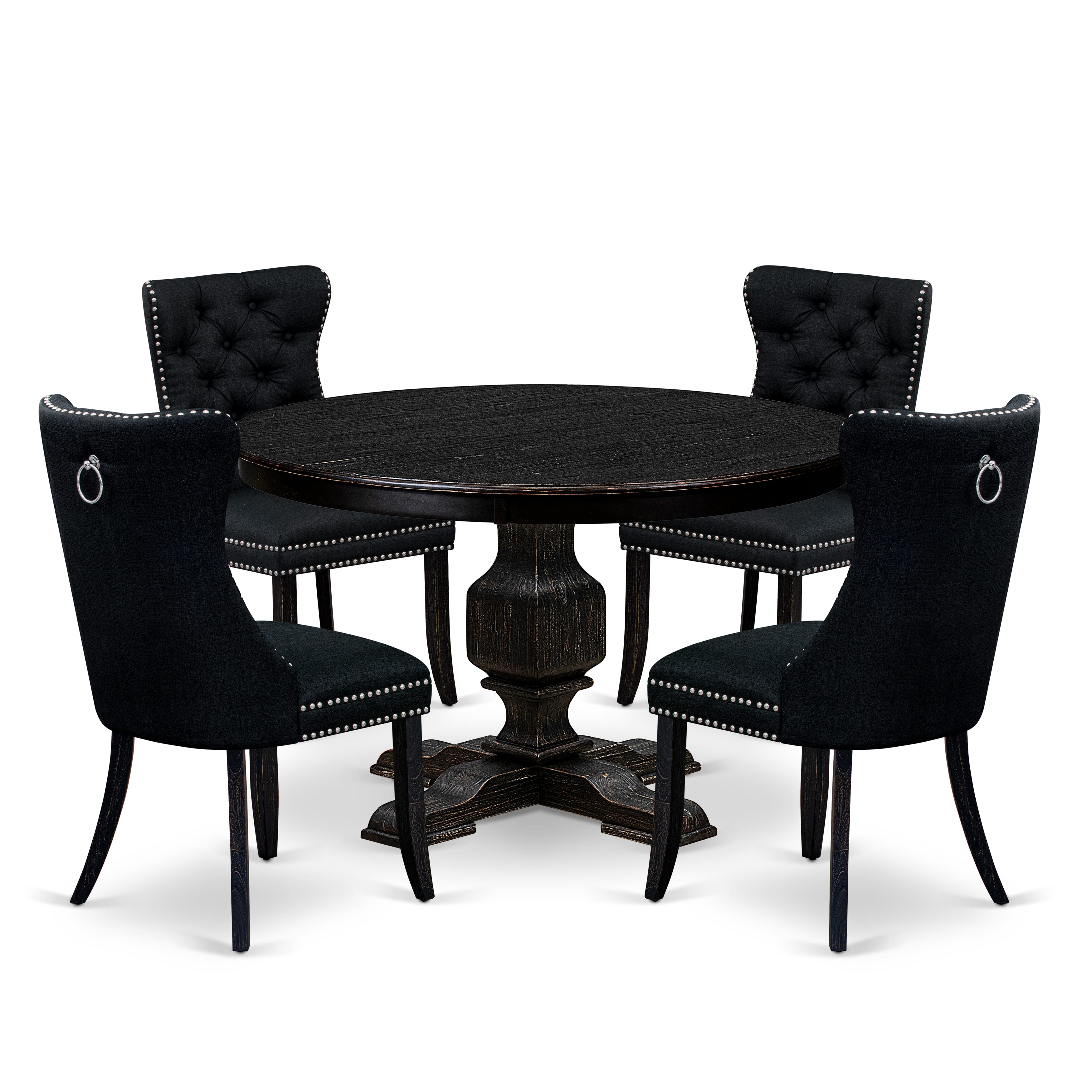 Luxe by East West Furniture F3DA5-411-24 5 Piece Dining Room Set for 4 Contains a 48" Round Table with Pedestal and 4 Black Linen Fabric Parson Chairs, Sand Blasted Black