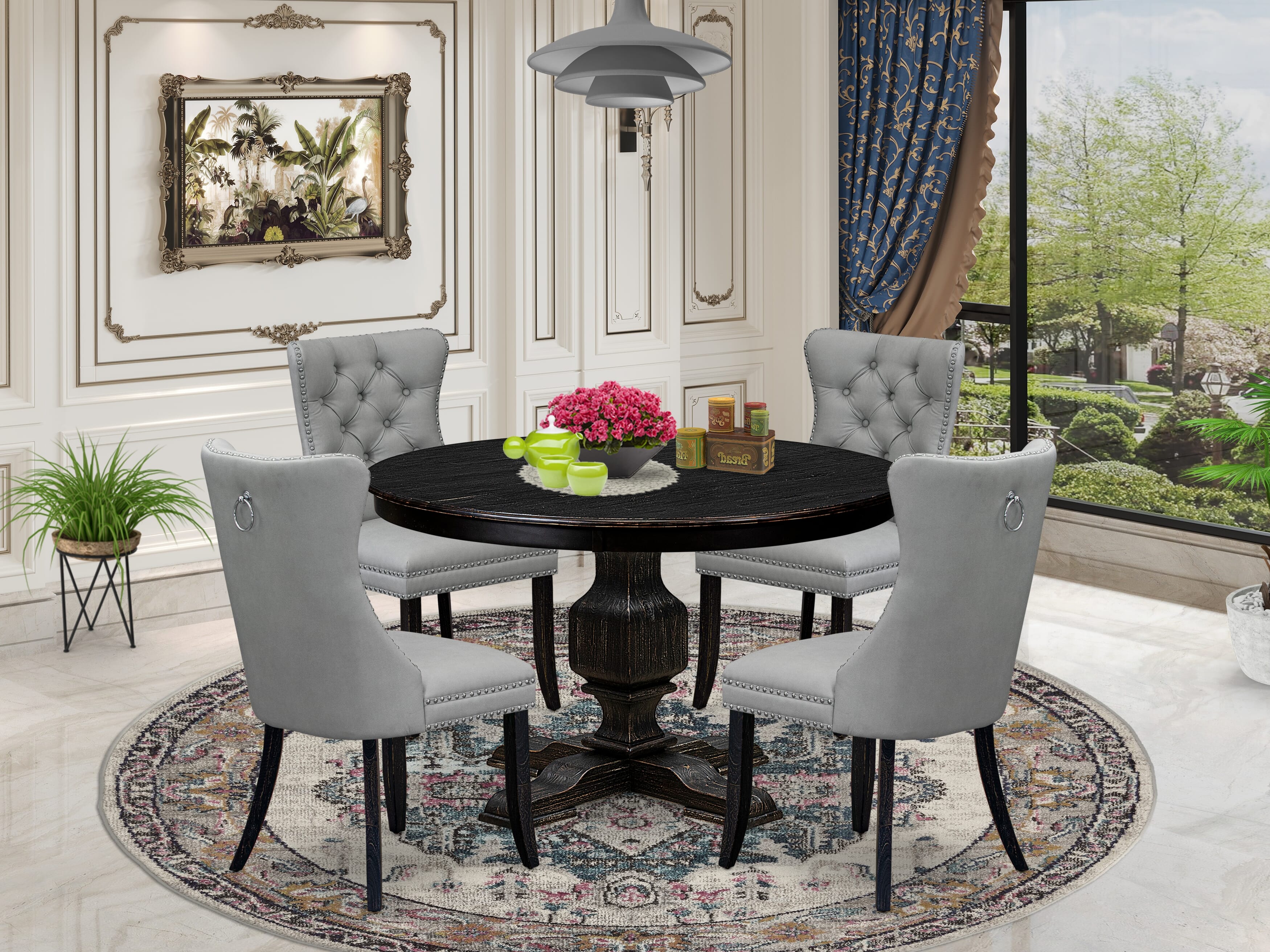 Luxe by East West Furniture F3DA5-411-27 5 Piece Dining Table Set Includes a 48" Round Table with Pedestal and 4 Light Gray Faux Leather Parson Chairs, Sand Blasted Black