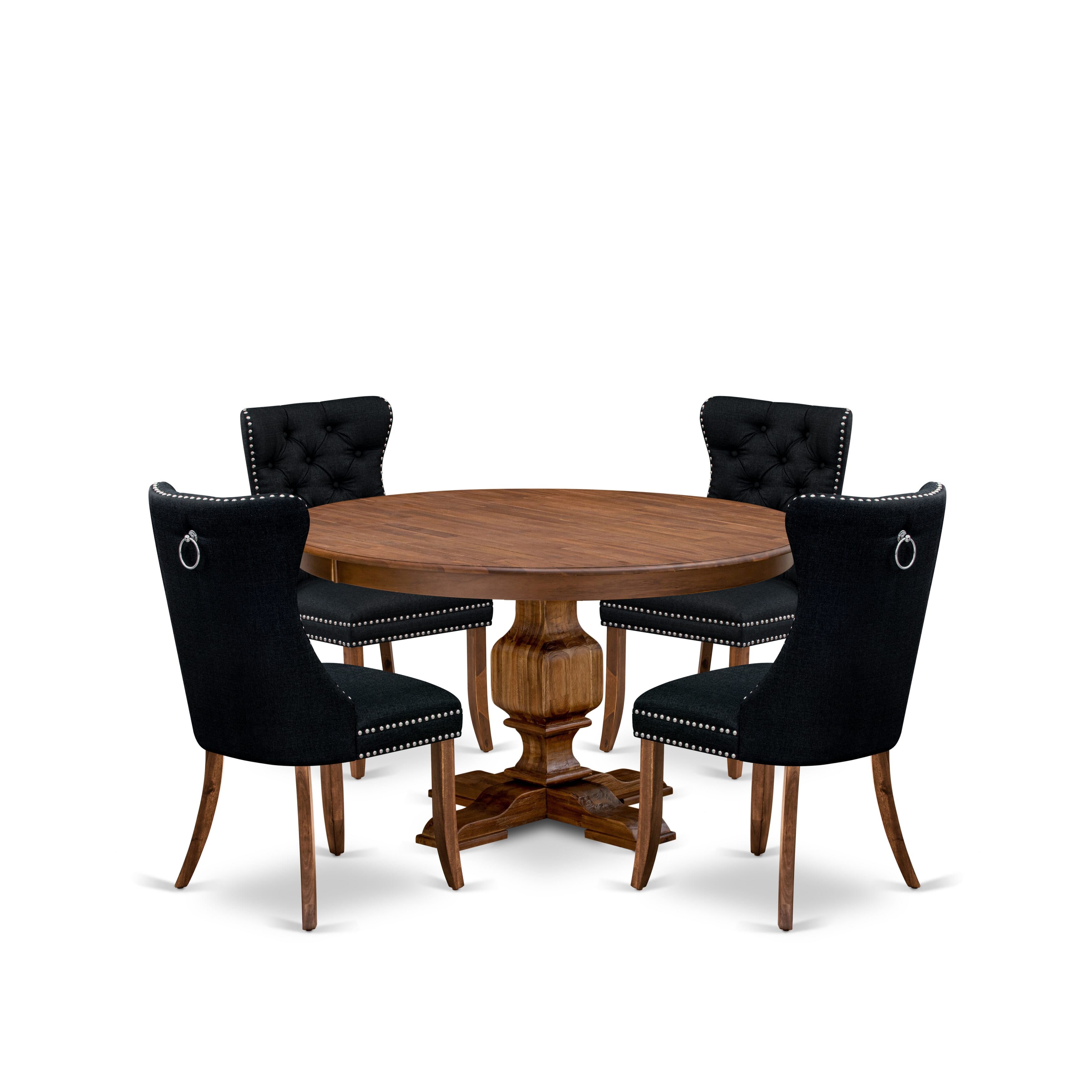 Luxe by East West Furniture F3DA5-50N-24 5-Piece Modern Dining Set with Linen Fabric 4 Black Parson chairs, Button-Tufted Backs, and a 54"Round Table in Antique Walnut Finish.