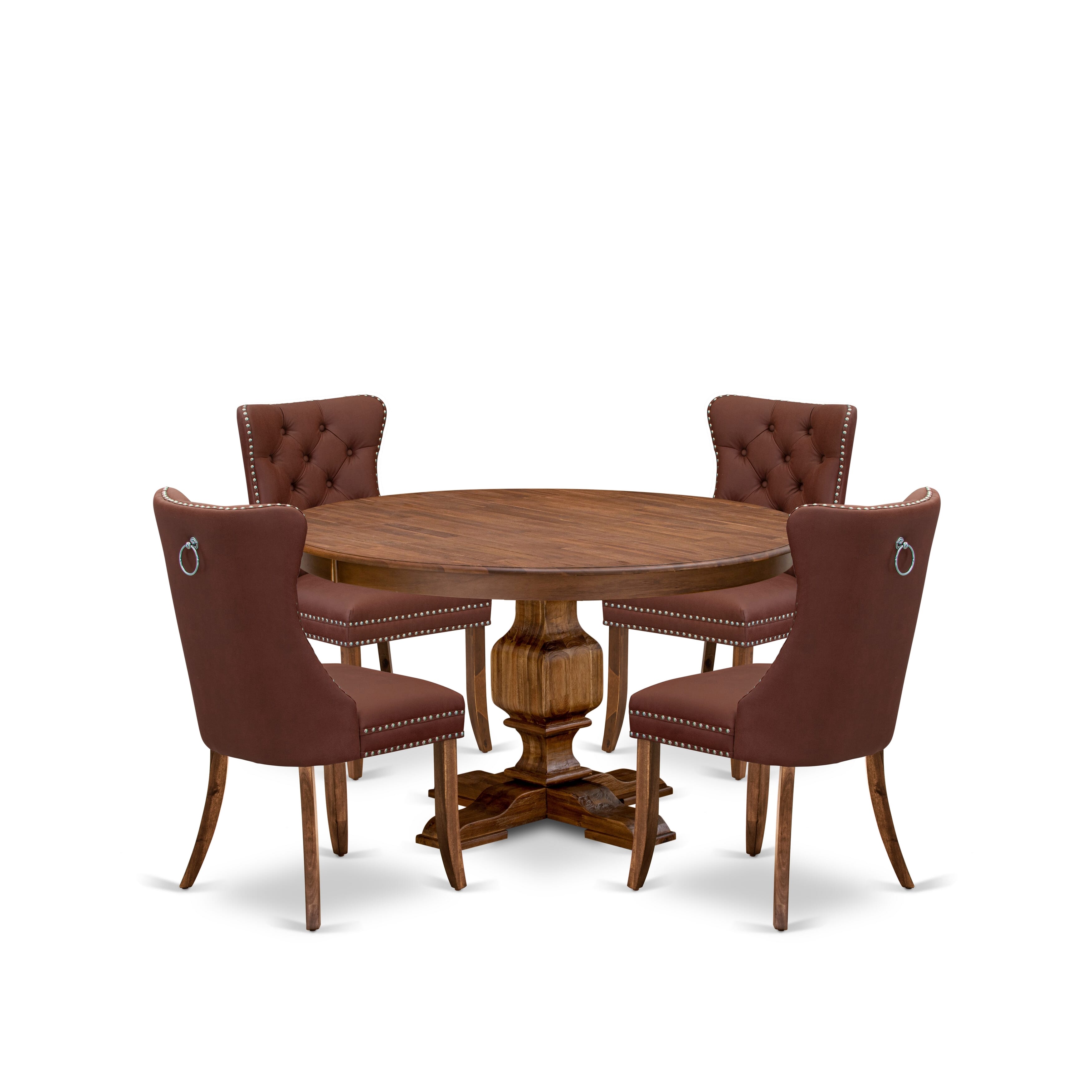 Luxe by East West Furniture F3DA5-50N-26 5-Pc Dining Room Set Include a Round Table and 4 Burgundy Faux Leather Upholstered Chairs with Button-Tufted Back, Antique Walnut