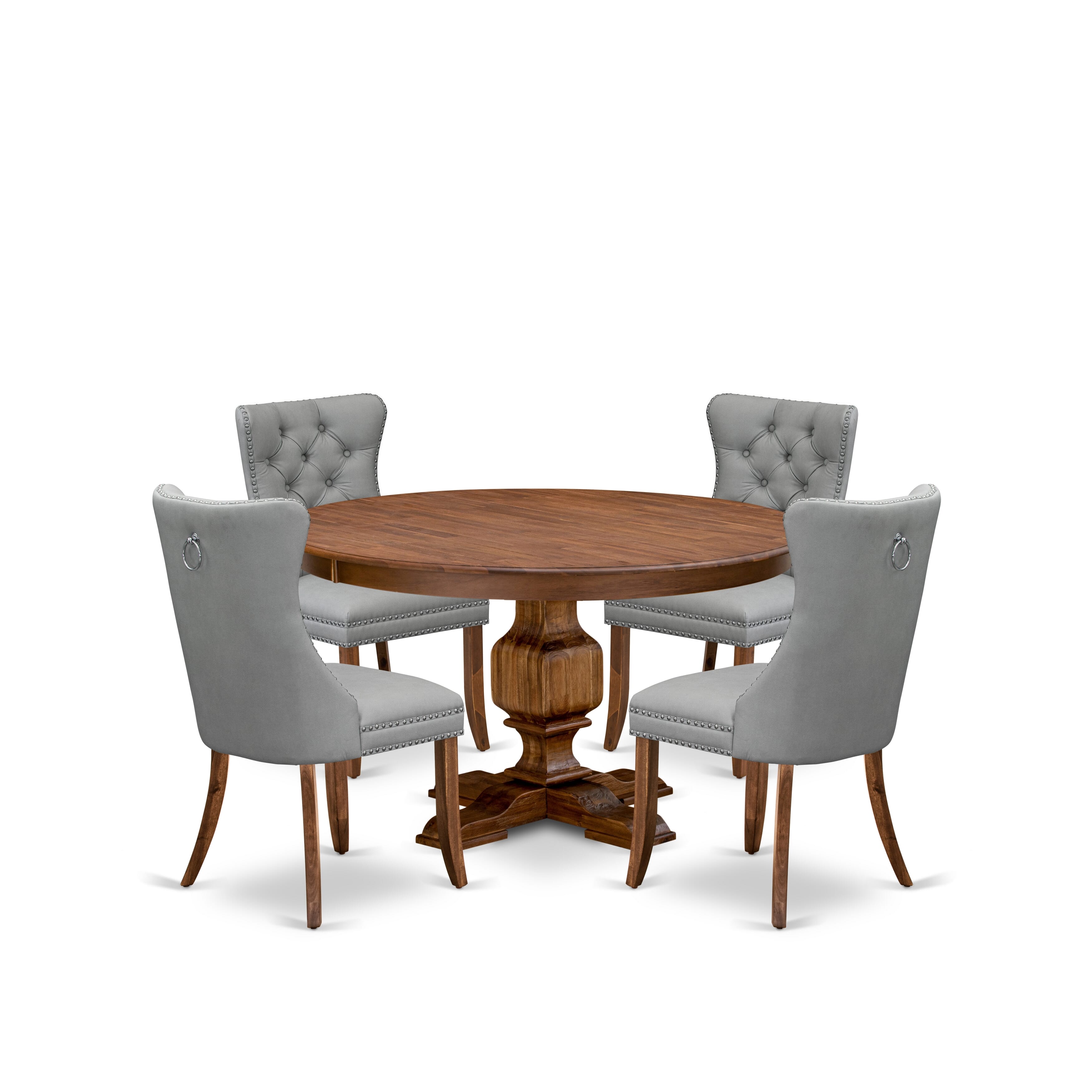 Luxe by East West Furniture F3DA5-50N-27 5-Pc Mid Century Dining Set Include a Round Table and 4 Light Gray Faux Leather Parson Chairs with Button-Tufted Back, Antique Walnut