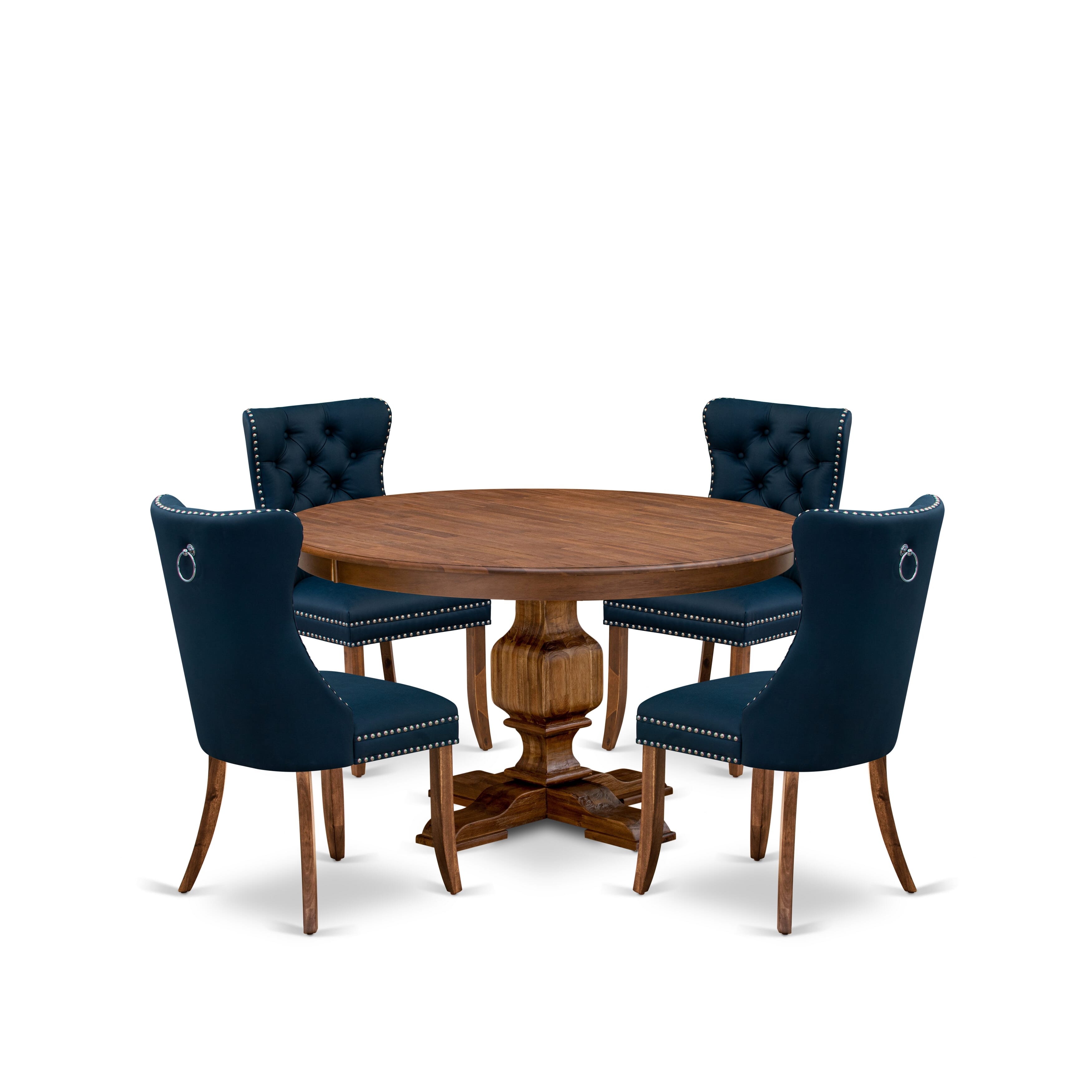 Luxe by East West Furniture F3DA5-50N-29 5-Pc Dining Table Set Include a Round Dining Table and 4 Navy Blue Faux Leather Dining Chairs with Button-Tufted Back, Antique Walnut