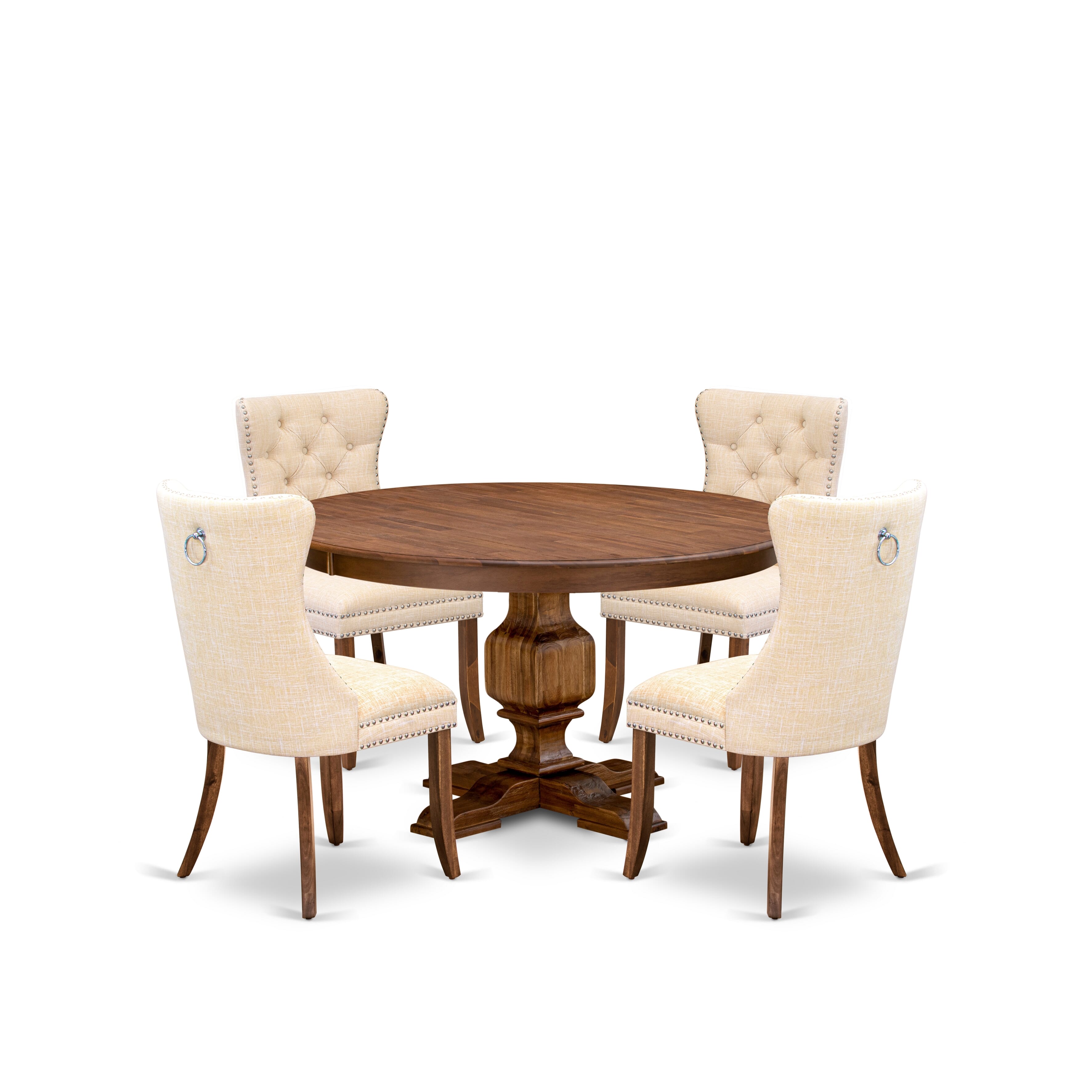 Luxe by East West Furniture F3DA5-50N-32 5-Piece Dining Room Set with Linen Fabric 4 Light Beige parson chairs, Button-Tufted Backs, and a 54"Round Dinner Table in Antique Walnut Finish.