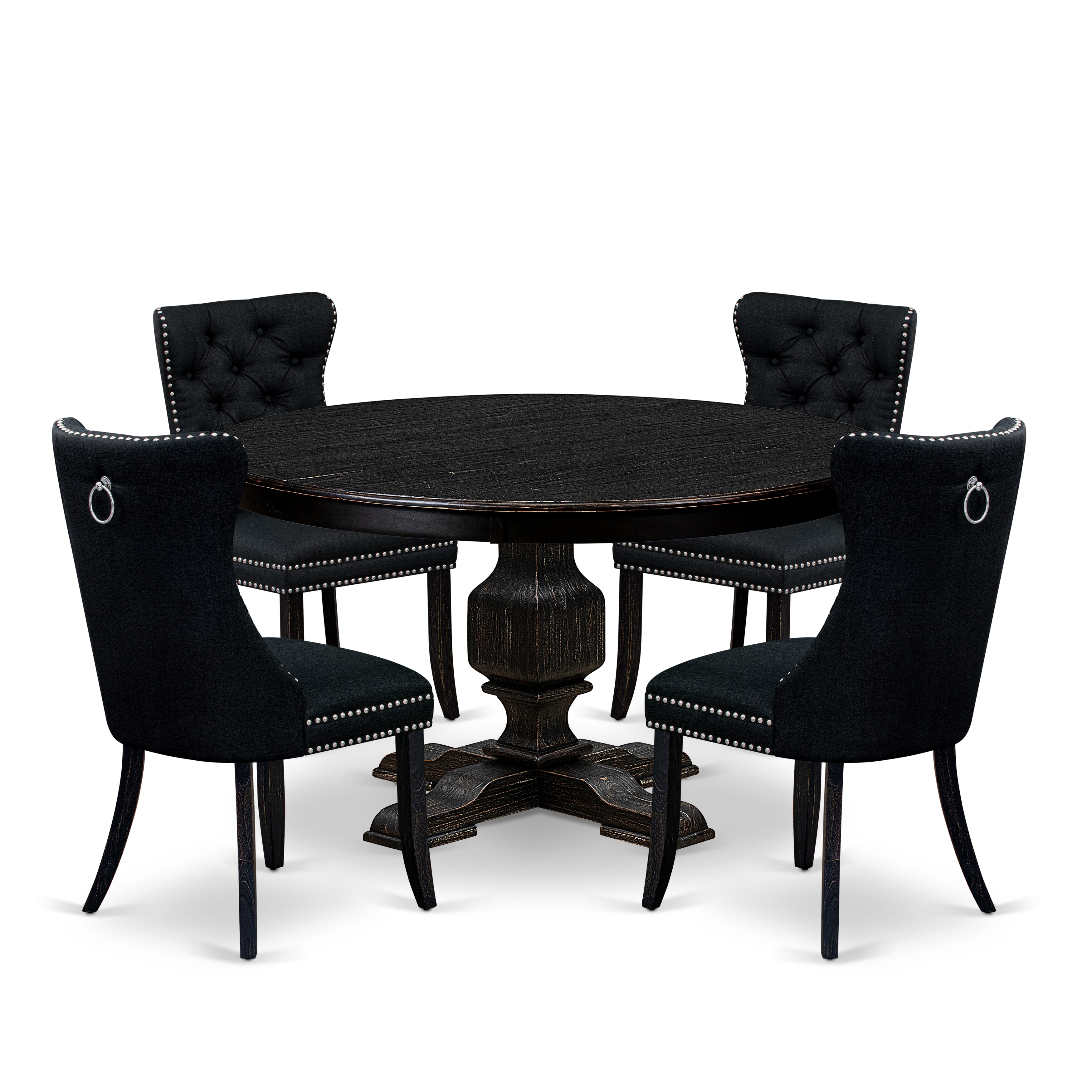 Luxe by East West Furniture F3DA5-511-24 5 Piece Dining Room Set Consists of a 54" Round Table with Pedestal and 4 Black Linen Fabric Upholstered Chairs, Sand Blasted Black