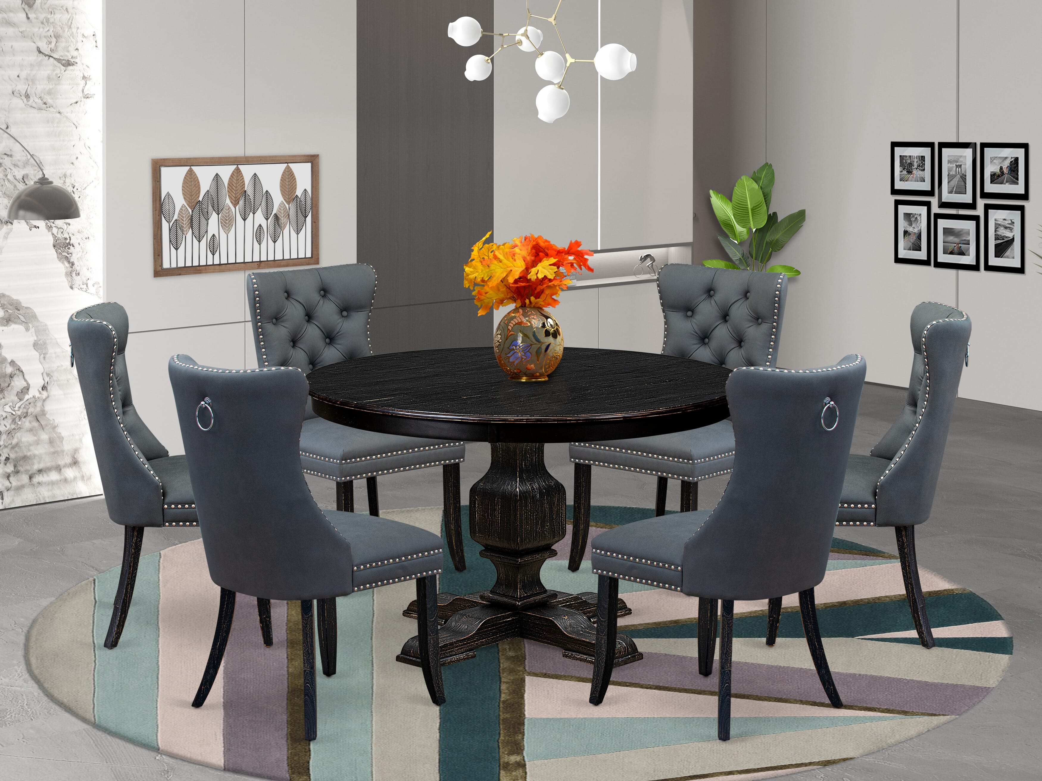 Luxe by East West Furniture F3DA7-411-13 7-piece Kitchen Table Set with Faux Leather 6 Platinum Gray dining room chairs, Button-Tufted Backs, and a 48"Round Table in Sand Blasted Black Finish.