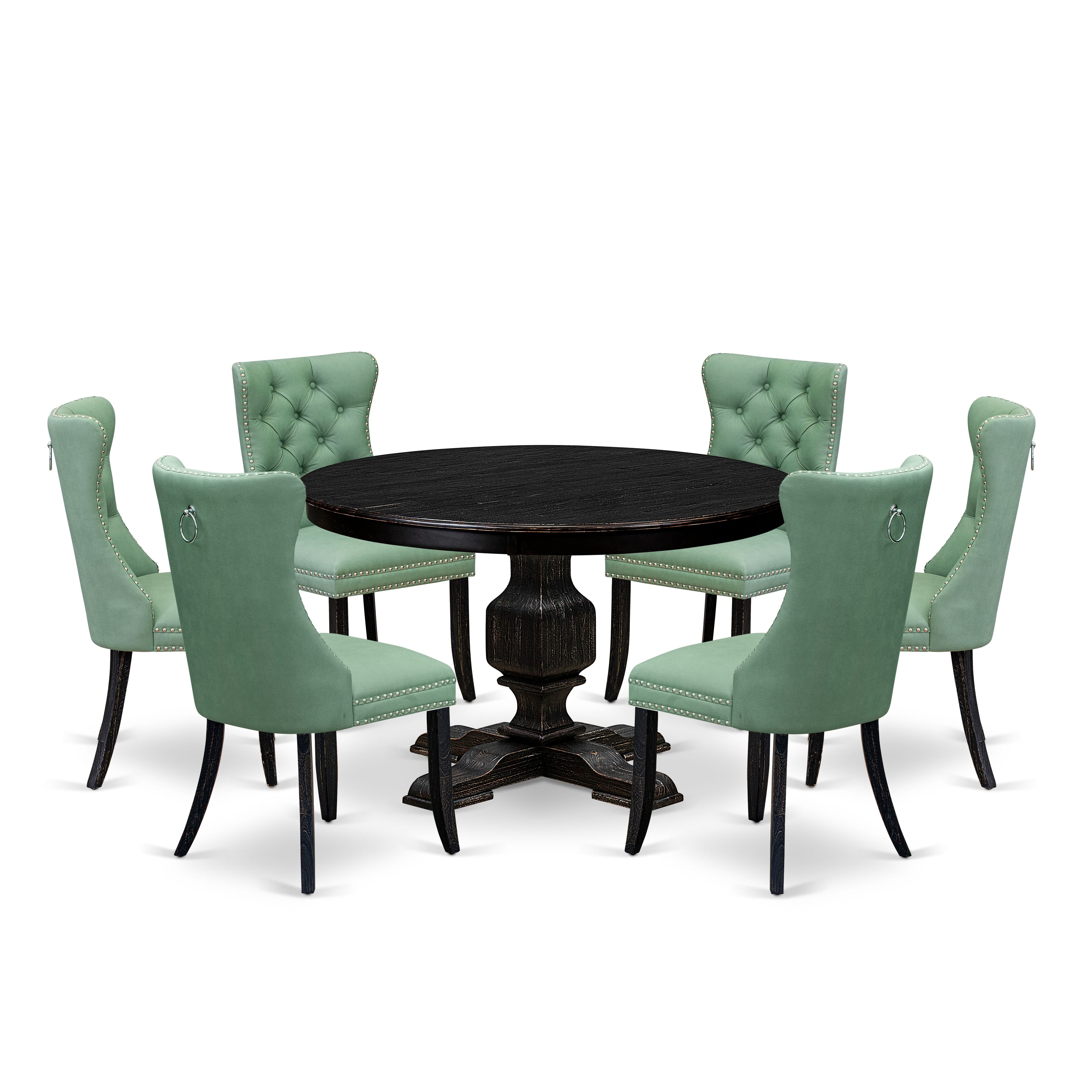 Luxe by East West Furniture F3DA7-411-22 7 Piece Dinette Set Includes a 48" Round Table with Pedestal and 6 Willow Green Faux Leather Upholstered Chairs, Sand Blasted Black