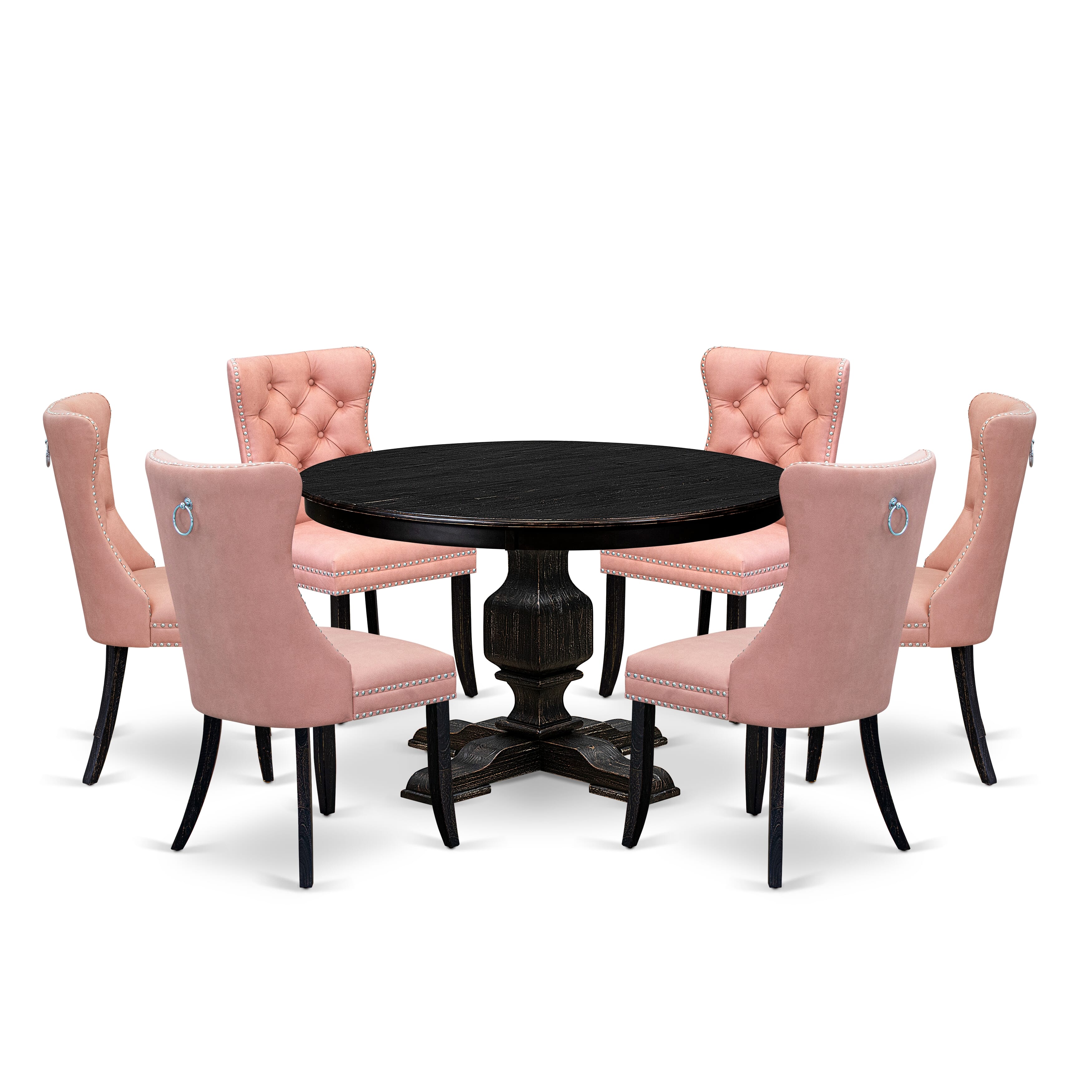 Luxe by East West Furniture F3DA7-411-23 7 Piece Dining Set Consists of a 48" Round Table with Pedestal and 6 Beige Red Faux Leather Upholstered Chairs, Sand Blasted Black