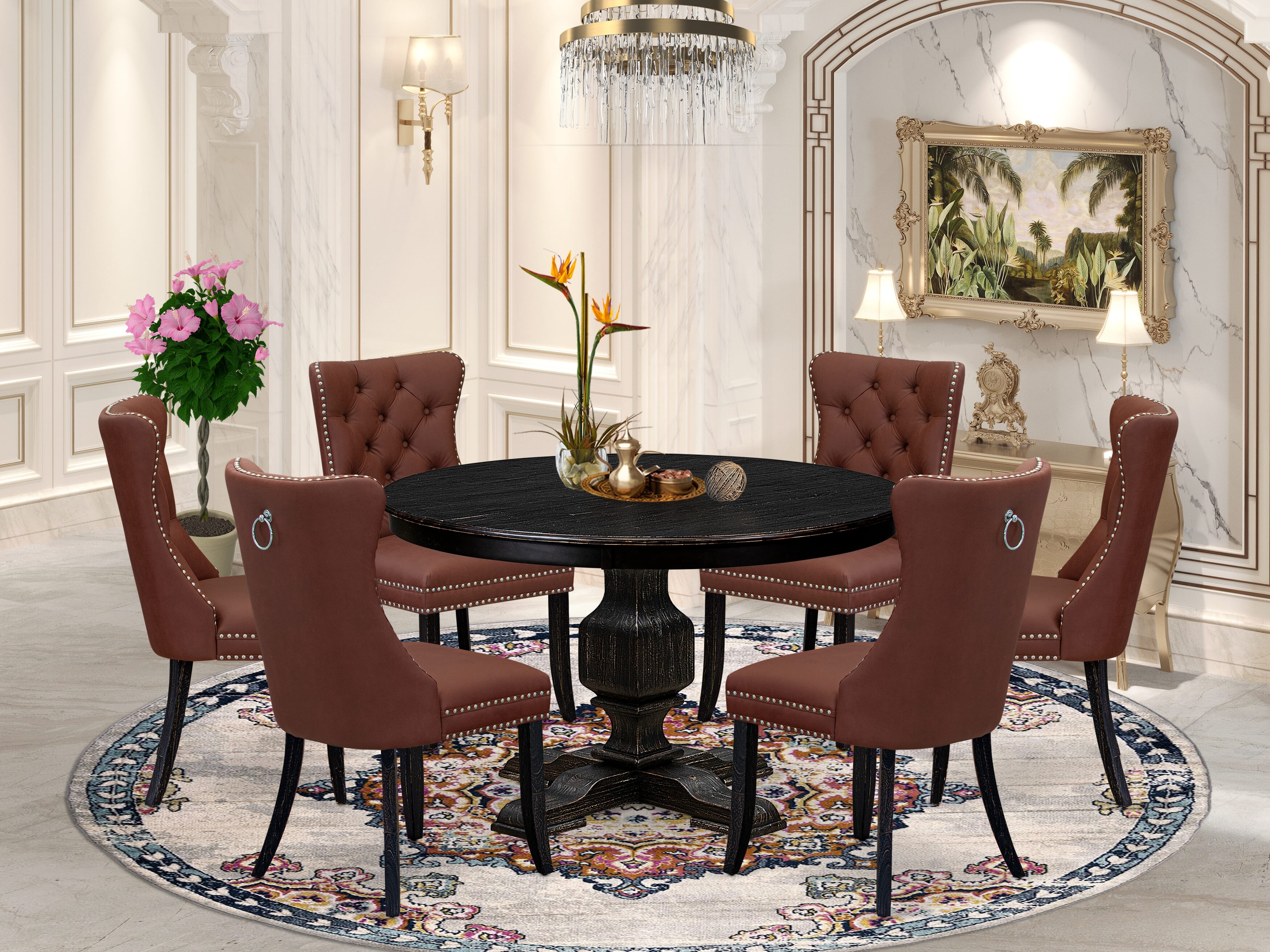 Luxe by East West Furniture F3DA7-411-26 7 Piece Dining Table Set Consists of a 48" Round Table with Pedestal and 6 Burgundy Faux Leather Parson Chairs, Sand Blasted Black