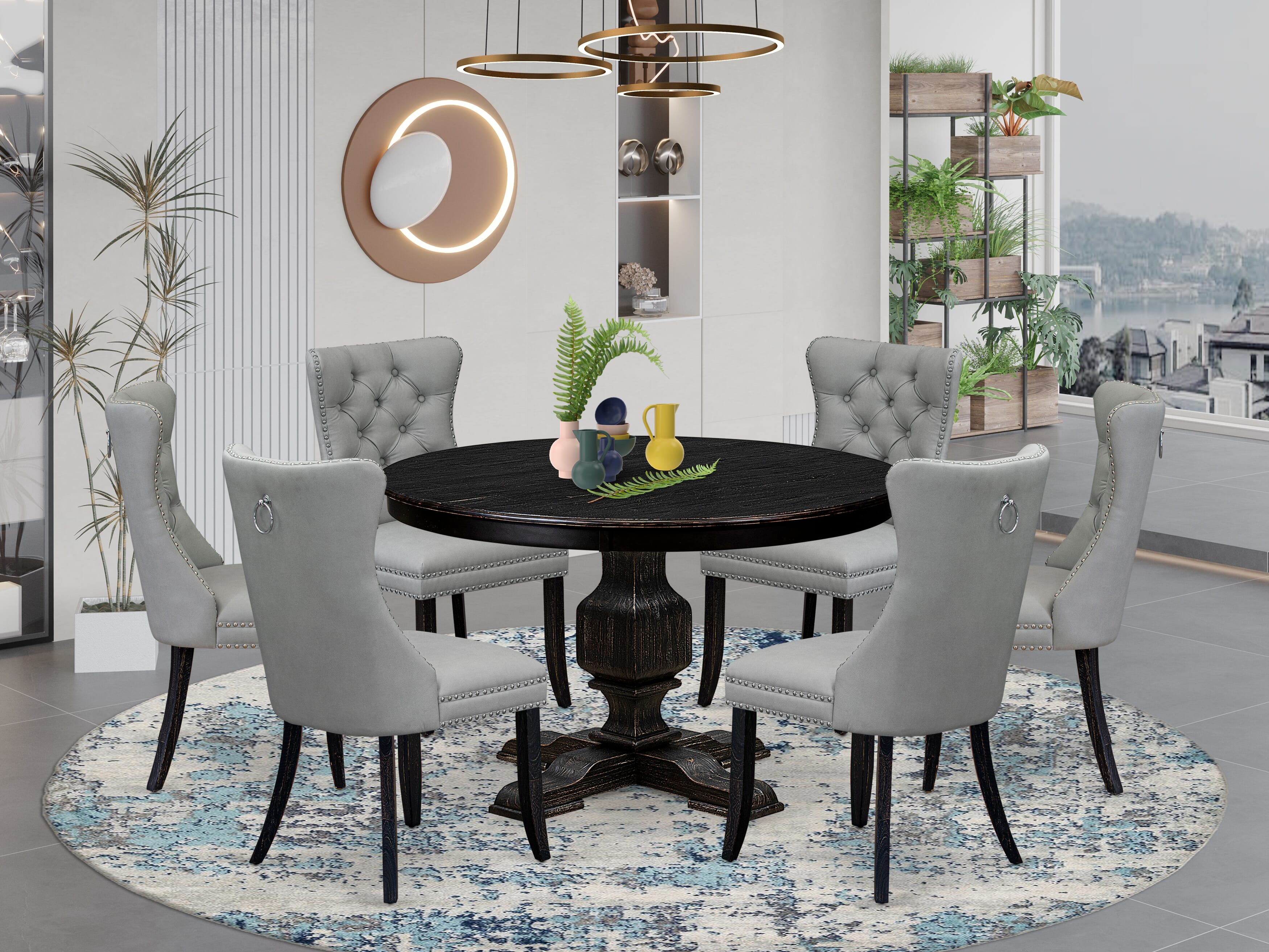 Luxe by East West Furniture F3DA7-411-27 7 Piece Dining Table Set Consists of a 48" Round Table with Pedestal and 6 Light Gray Faux Leather Padded Chairs, Sand Blasted Black
