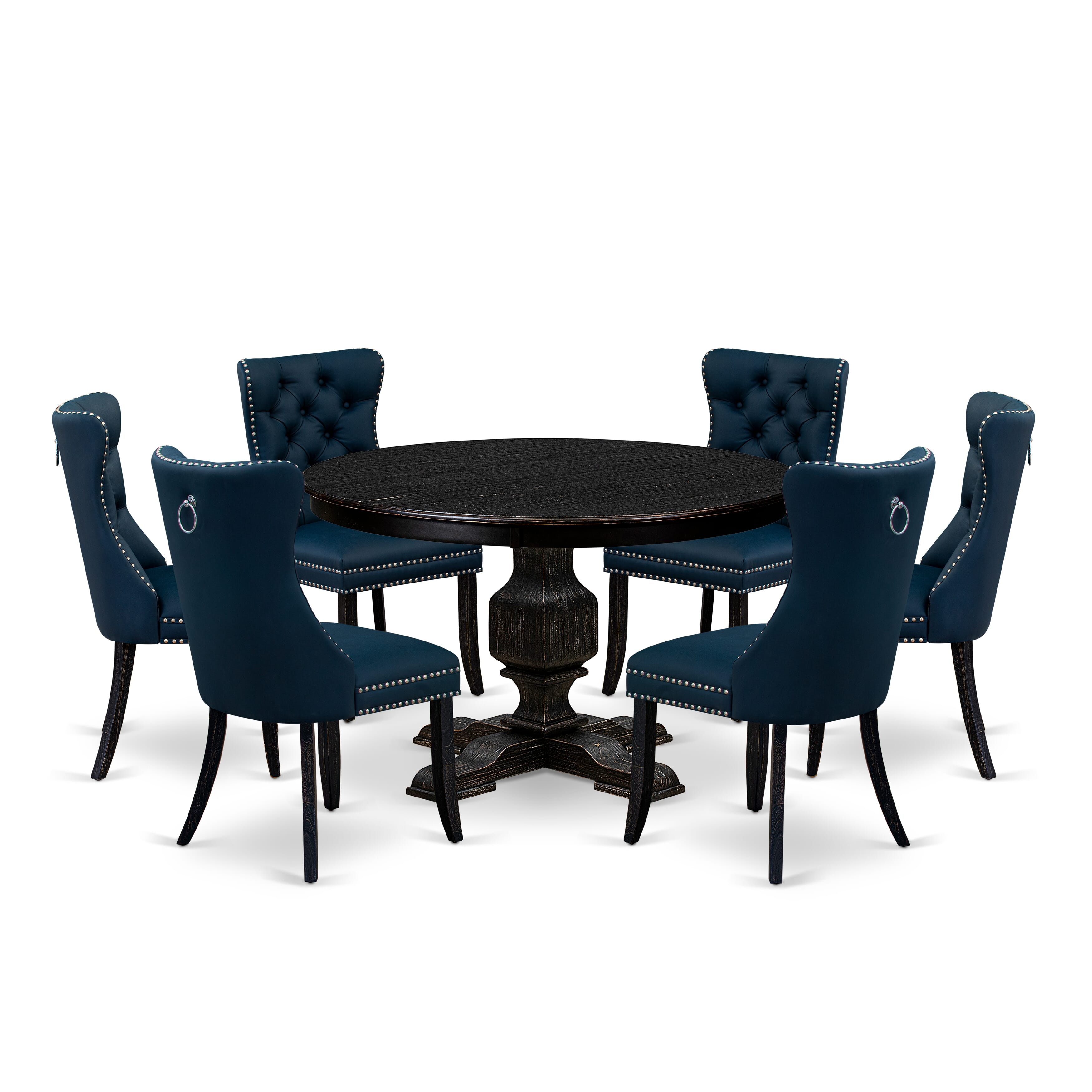 Luxe by East West Furniture F3DA7-411-29 7 Piece Dining Table Set Includes a 48" Round Table with Pedestal and 6 Navy Blue Faux Leather Upholstered Chairs, Sand Blasted Black