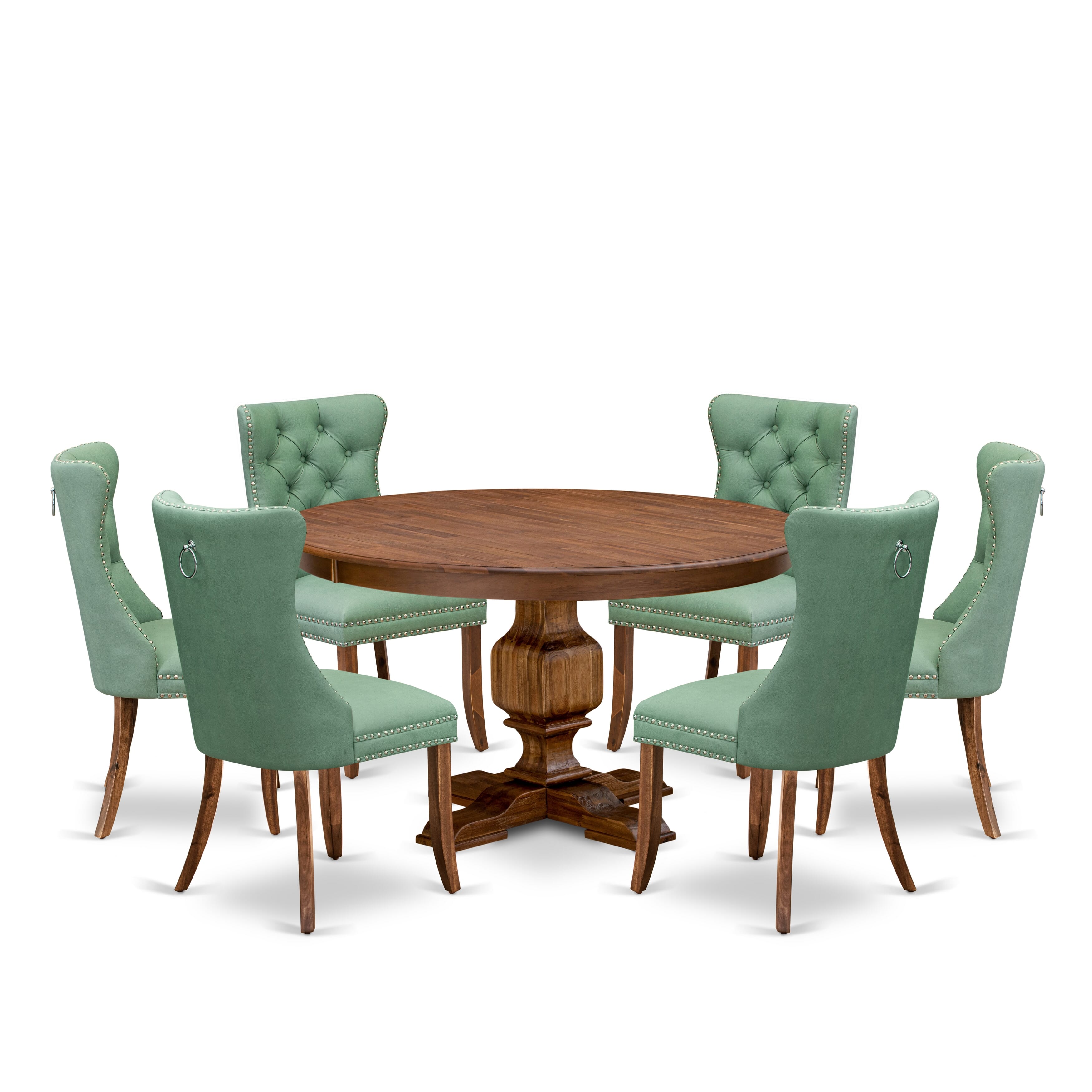 Luxe by East West Furniture F3DA7-50N-22 7-piece Mid-century Dining table set included a Modern Dining Table and 6 Willow Green Faux Leather Dinner Chairs with Button Tufted Back - Antique Walnut Finish