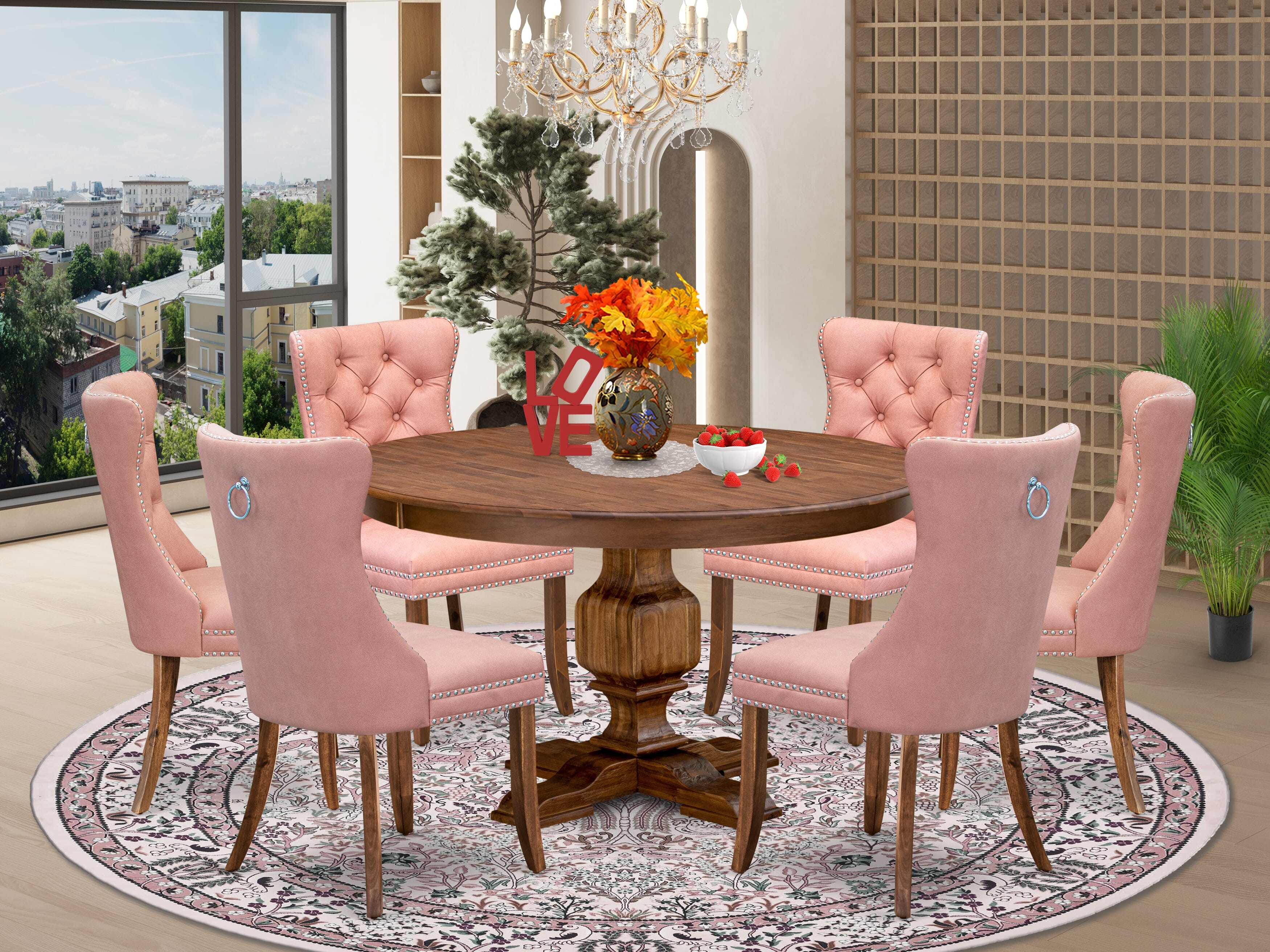 Luxe by East West Furniture F3DA7-50N-23 7-Pc Kitchen Set Consist a mid-century table and 6 Beige Red Faux Leather Upholstered Chairs with Button-Tufted Back, Antique Walnut