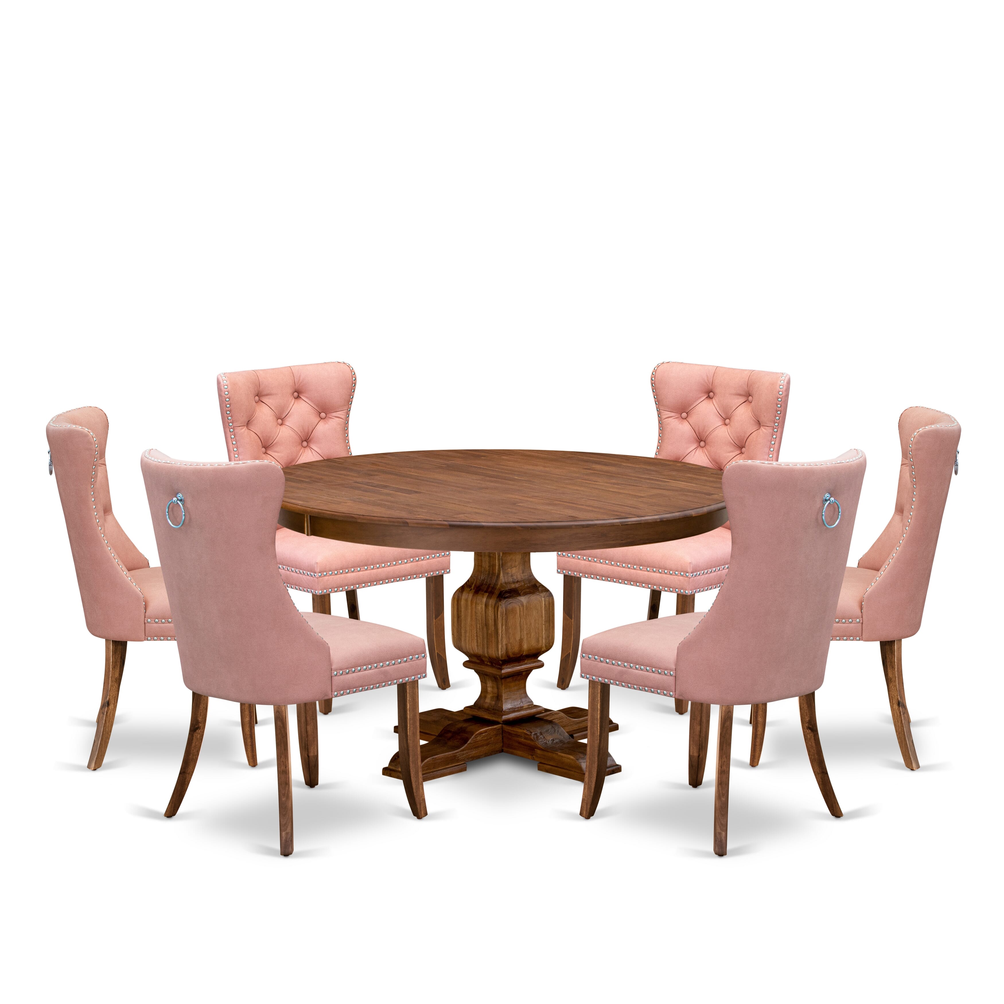Luxe by East West Furniture F3DA7-50N-23 7-Pc Kitchen Set Consist a mid-century table and 6 Beige Red Faux Leather Upholstered Chairs with Button-Tufted Back, Antique Walnut