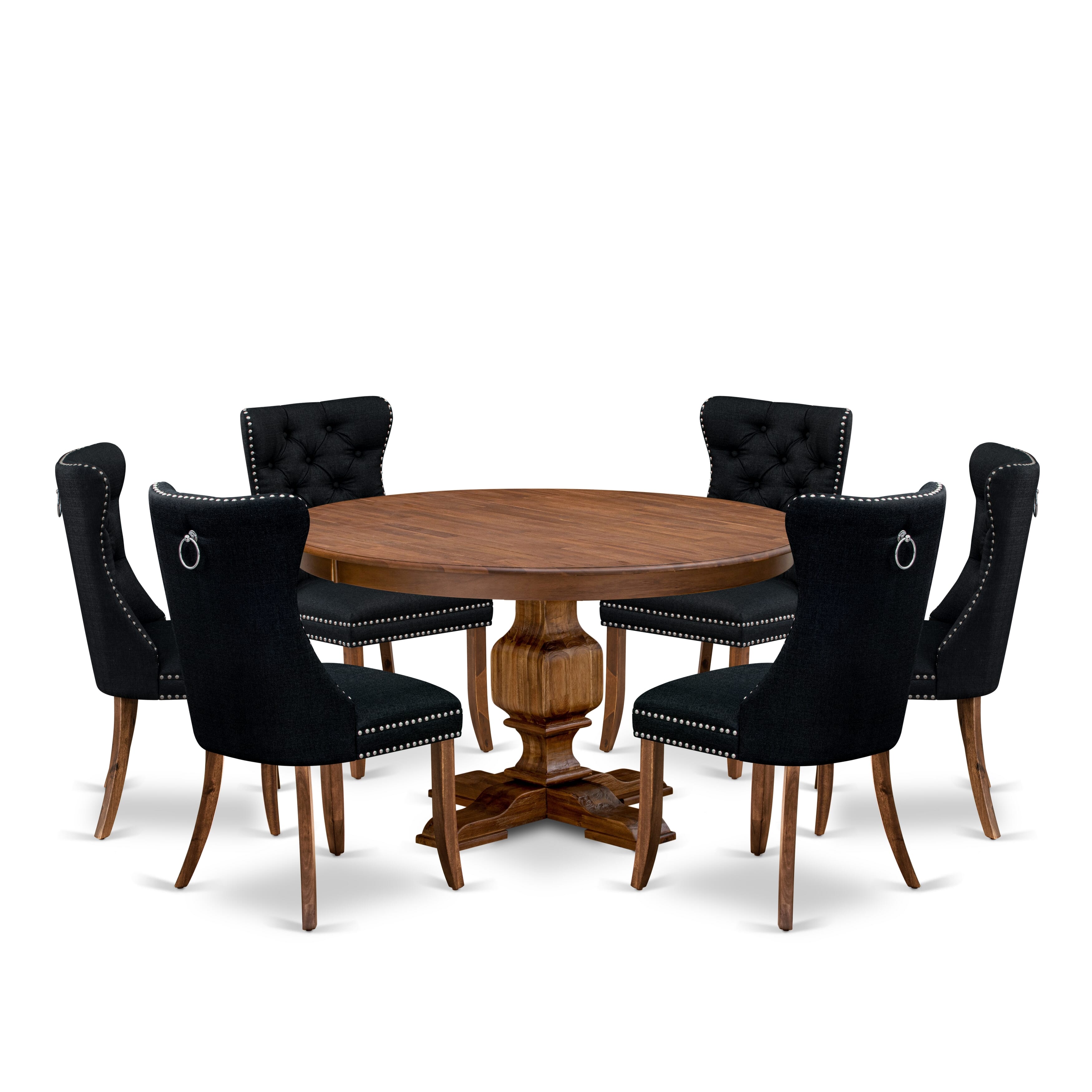 Luxe by East West Furniture F3DA7-50N-24 7-Piece Dining Table Set with Linen Fabric 6 Black Kitchen chairs, Button-Tufted Backs, and a 54"Round Table in Antique Walnut Finish.