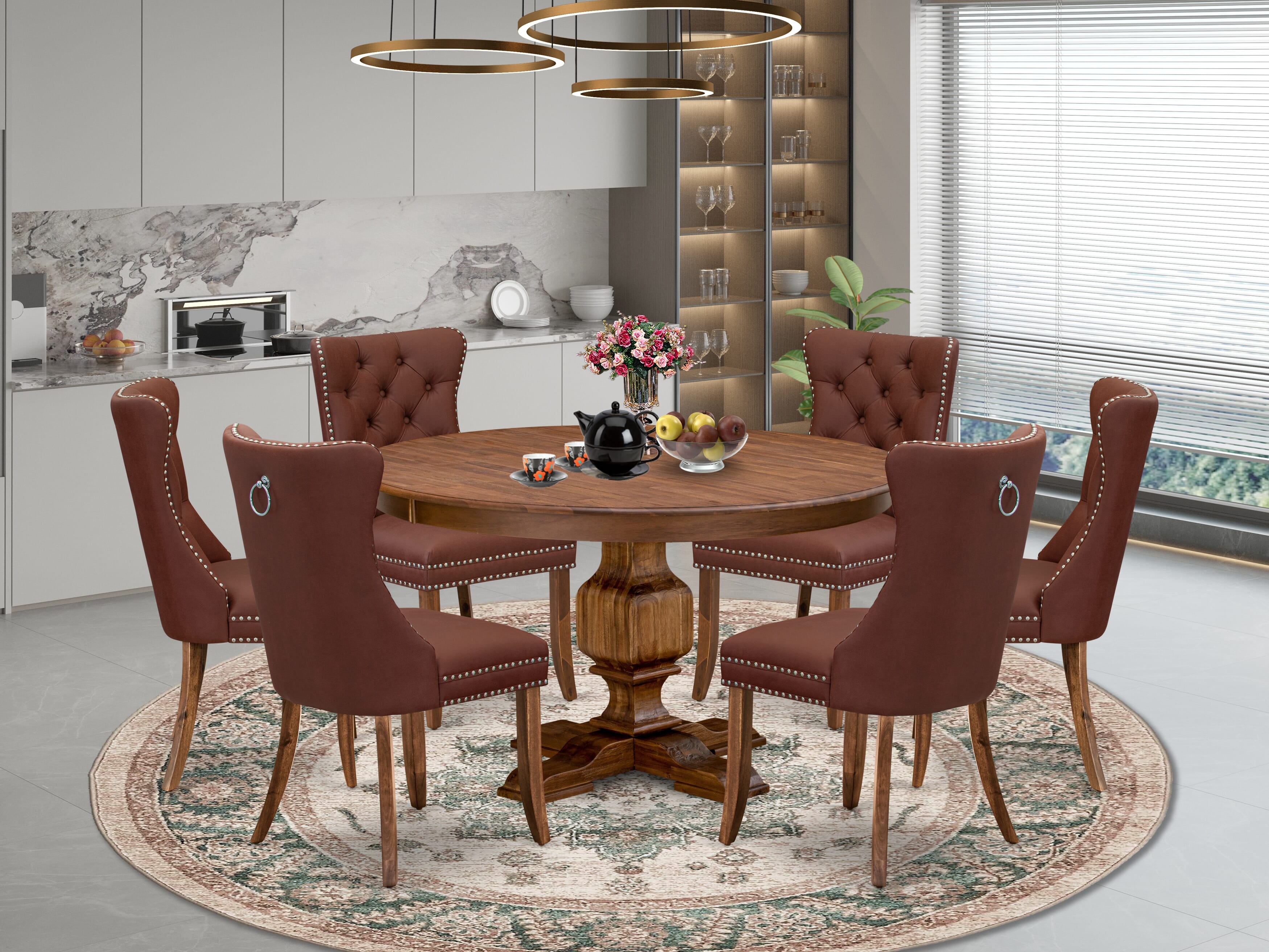Luxe by East West Furniture F3DA7-50N-26 7-Pc Dining Table Set Consist a Mid Century Table and 6 Burgundy Faux Leather Parson Chairs with Button-Tufted Back, Antique Walnut