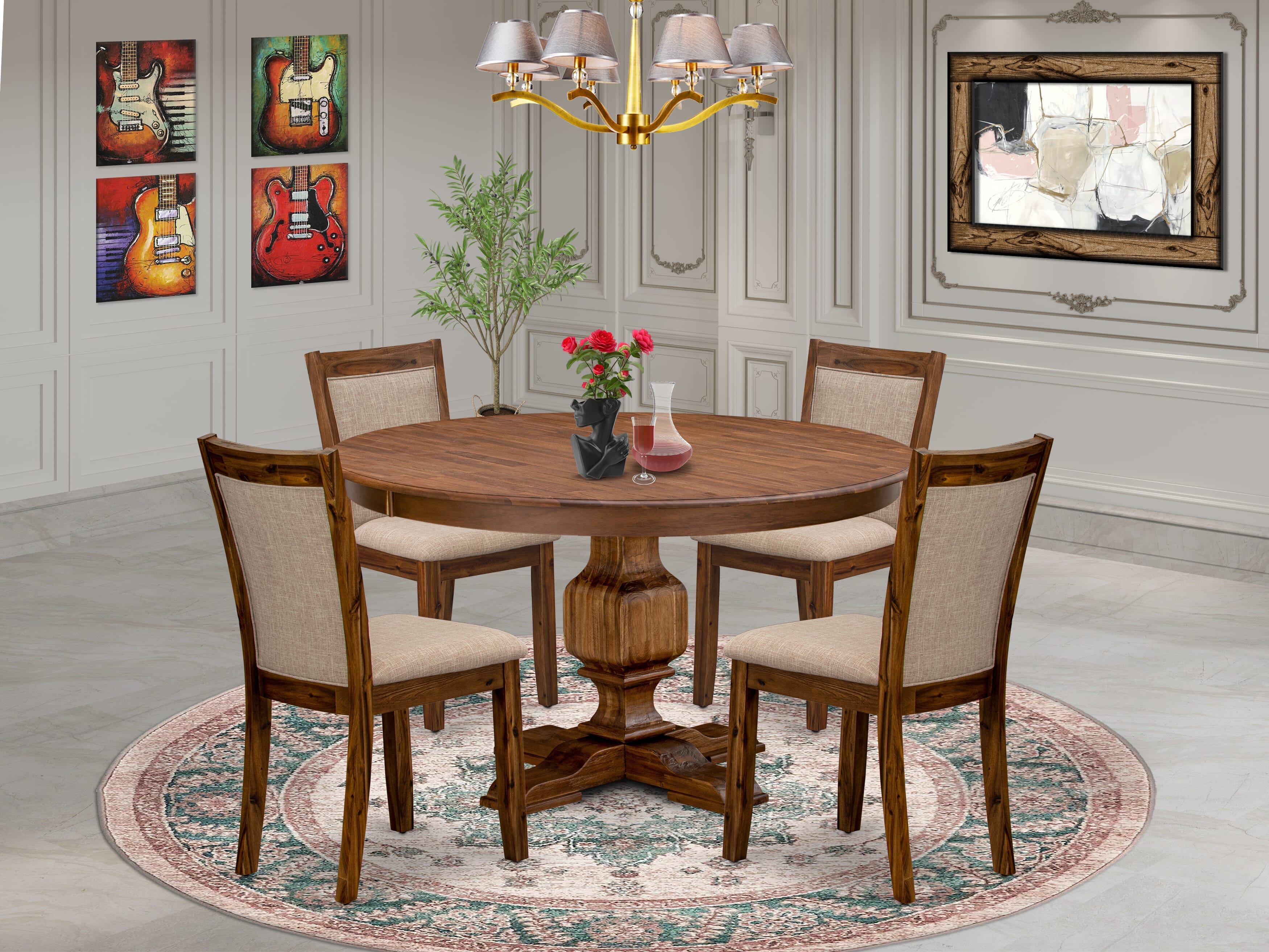 Luxe by East West Furniture F3MZ5-50N-04 5-Pc Dining Room Set consists of a Pedestal Kitchen Table and 4 Light Tan Linen Fabric Chairs with Padded Back - Antique Walnut
