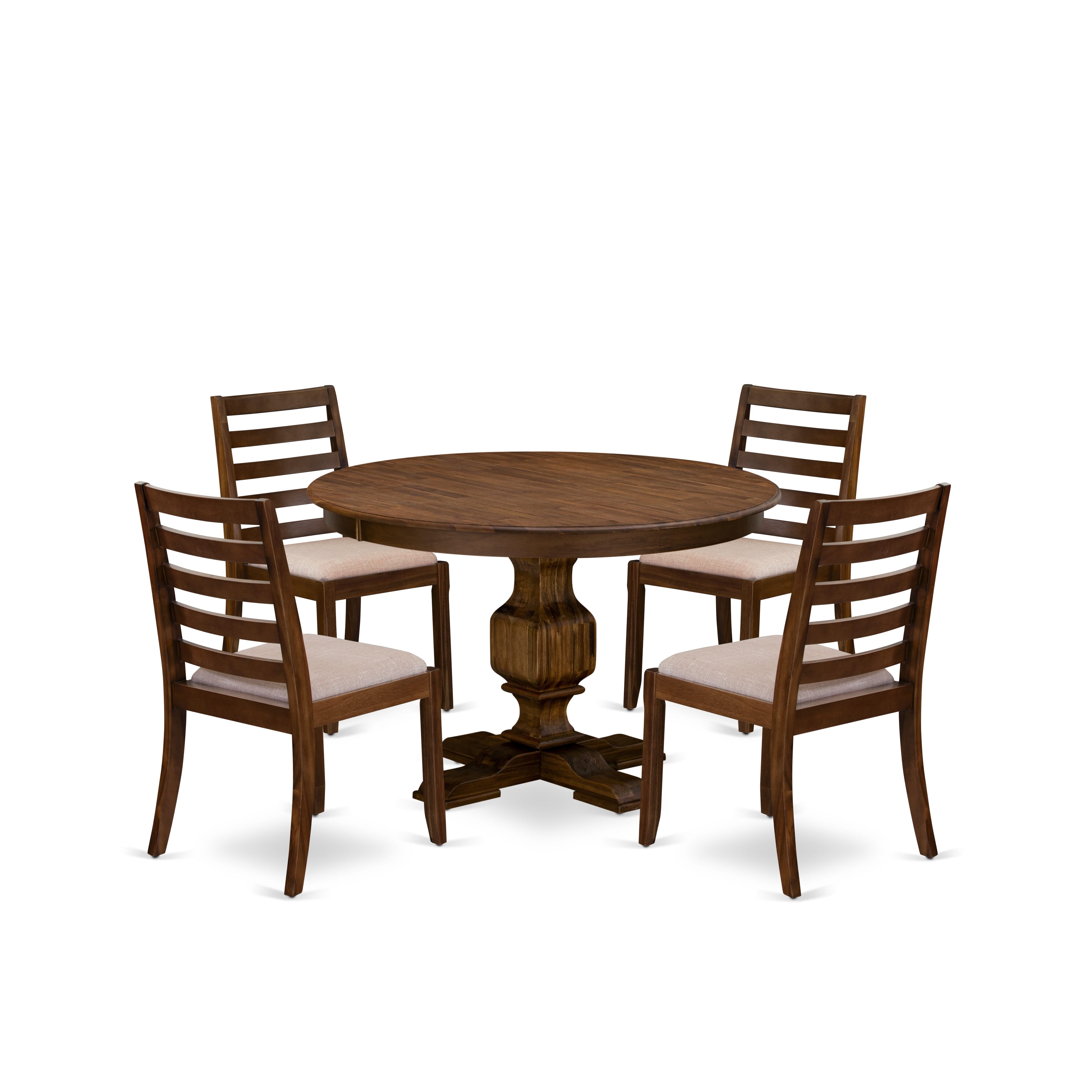F3X15-0N-04 5-piece Dining Table set included a Round Table and 4 Light Tan Linen Fabric stackable Chair, Antique Walnut Finish.