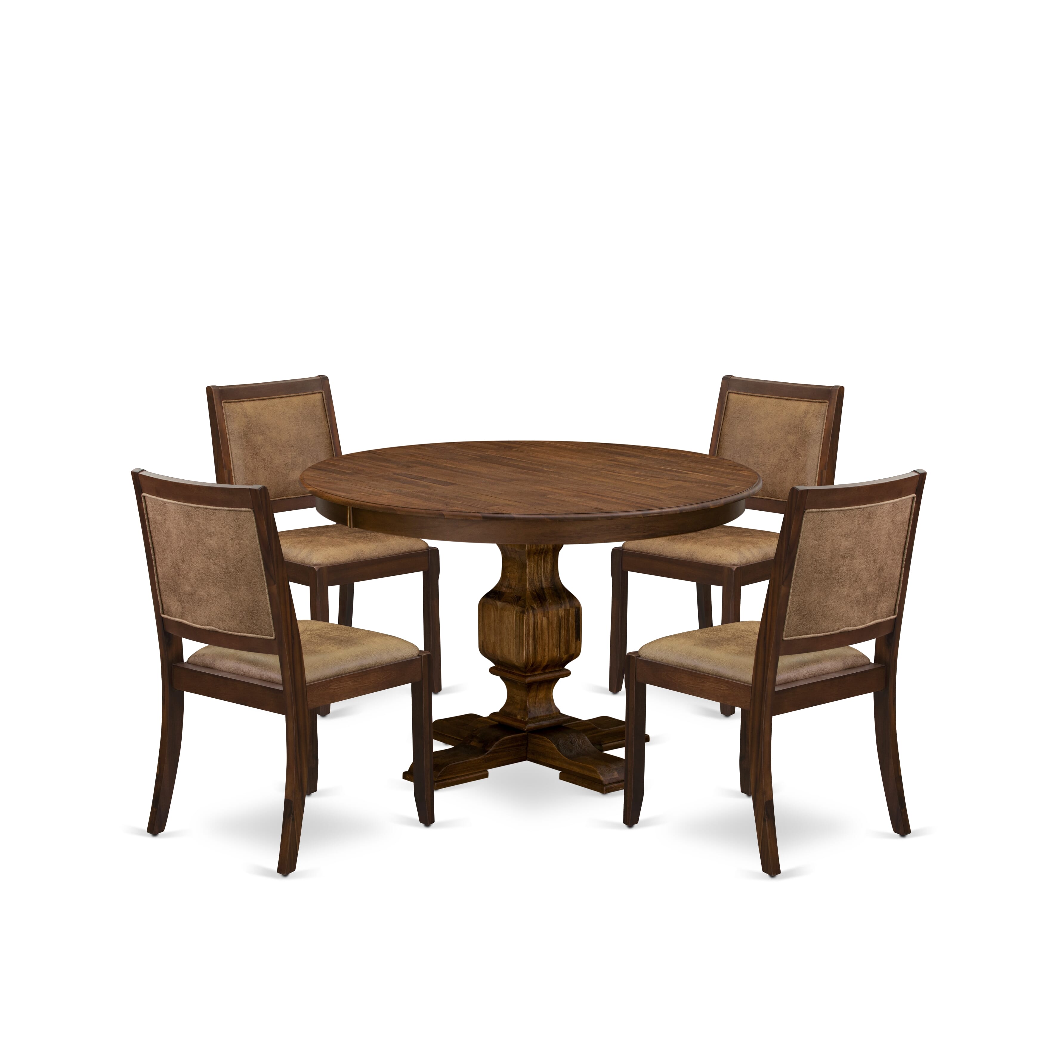 F3X25-0N-28 5-pc Dining Table Set included a Round Table and 4 Brown Texture Faux Leather stackable Chair, Antique Walnut Finish.