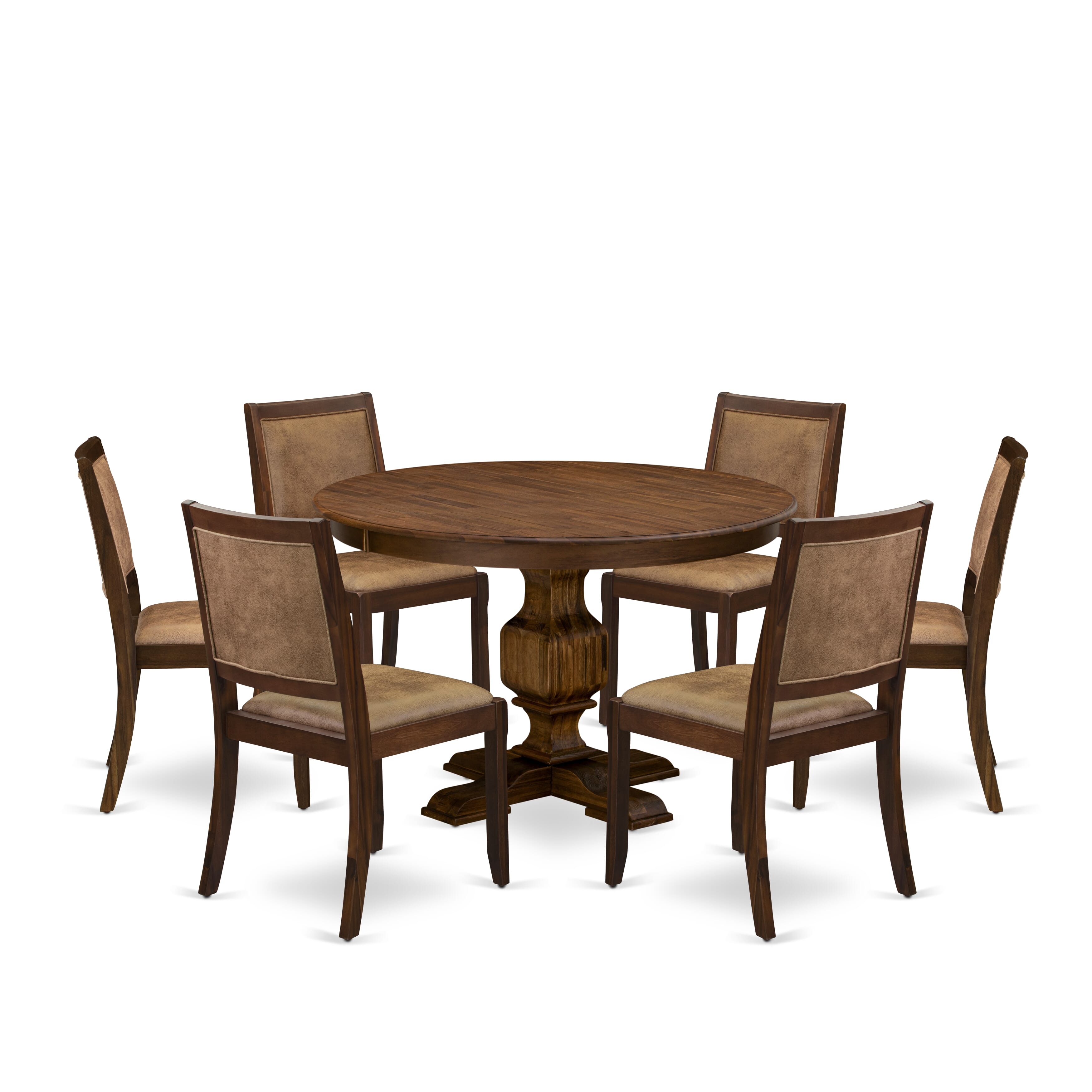 F3X27-0N-28 7-pc Kitchen Table Set consists of a Round Table and 6 Brown Texture Leather stackable Chair, Antique Walnut Finish.
