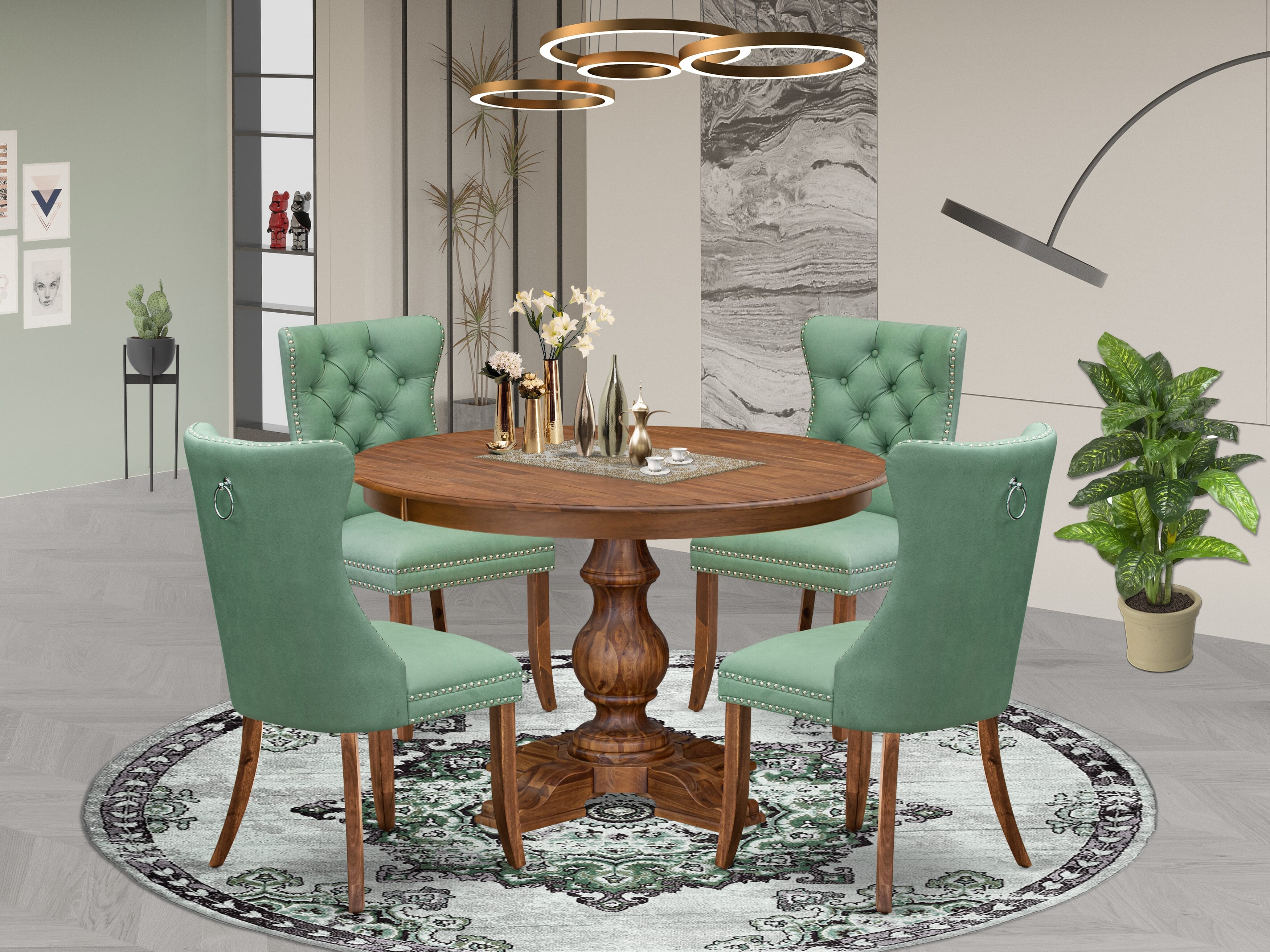 Luxe by East West Furniture F5DA5-40N-22 5-Pc Modern Dining Set Contain a Wood Table and 4 Willow Green Faux Leather Padded Chairs with Button-Tufted Back, Antique Walnut