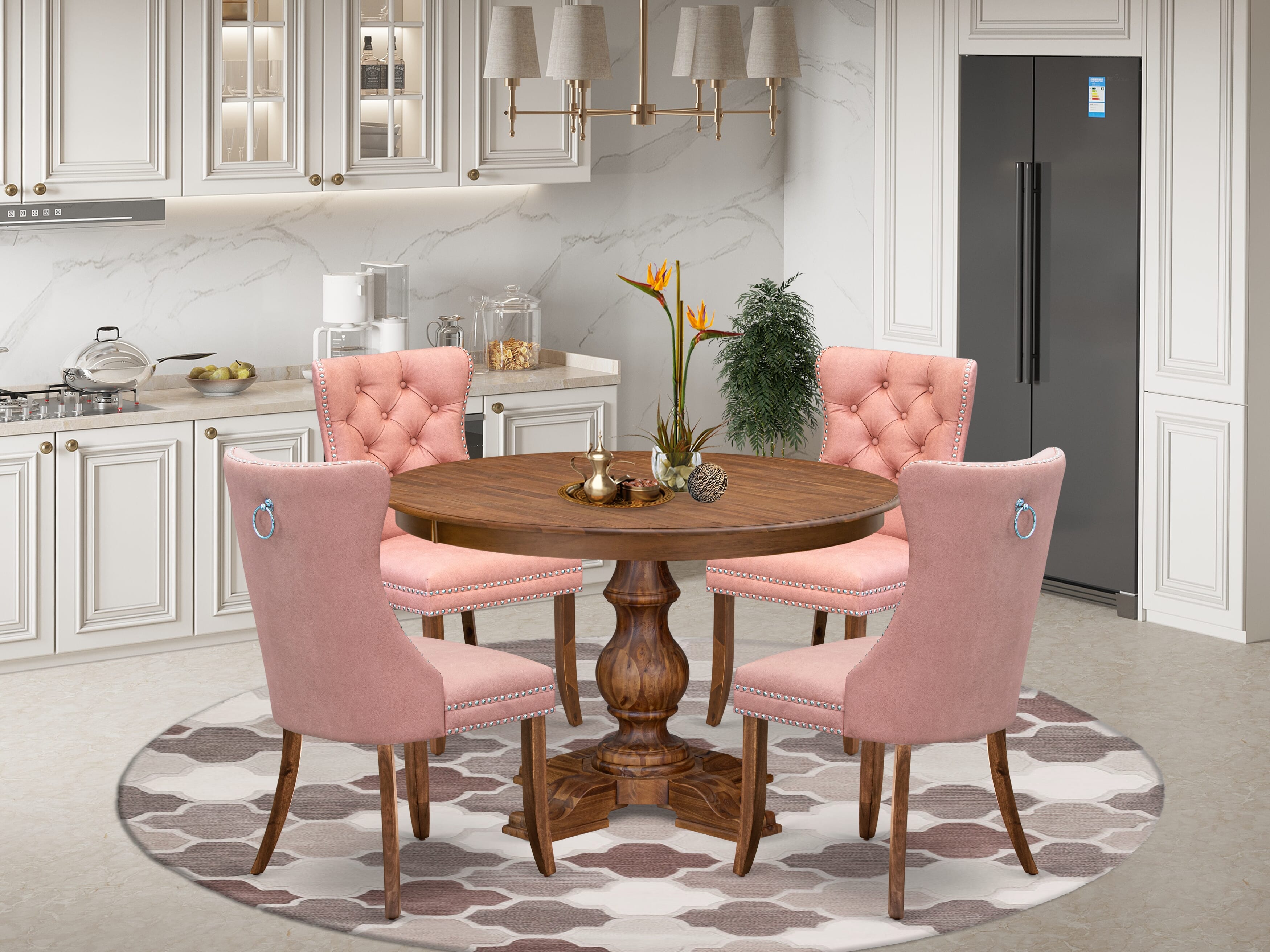 Luxe by East West Furniture F5DA5-40N-23 5-Pc Kitchen Dining Table Set Contain a Wood Table and 4 Beige Red Faux Leather Parsons Chairs with Button-Tufted Back, Antique Walnut