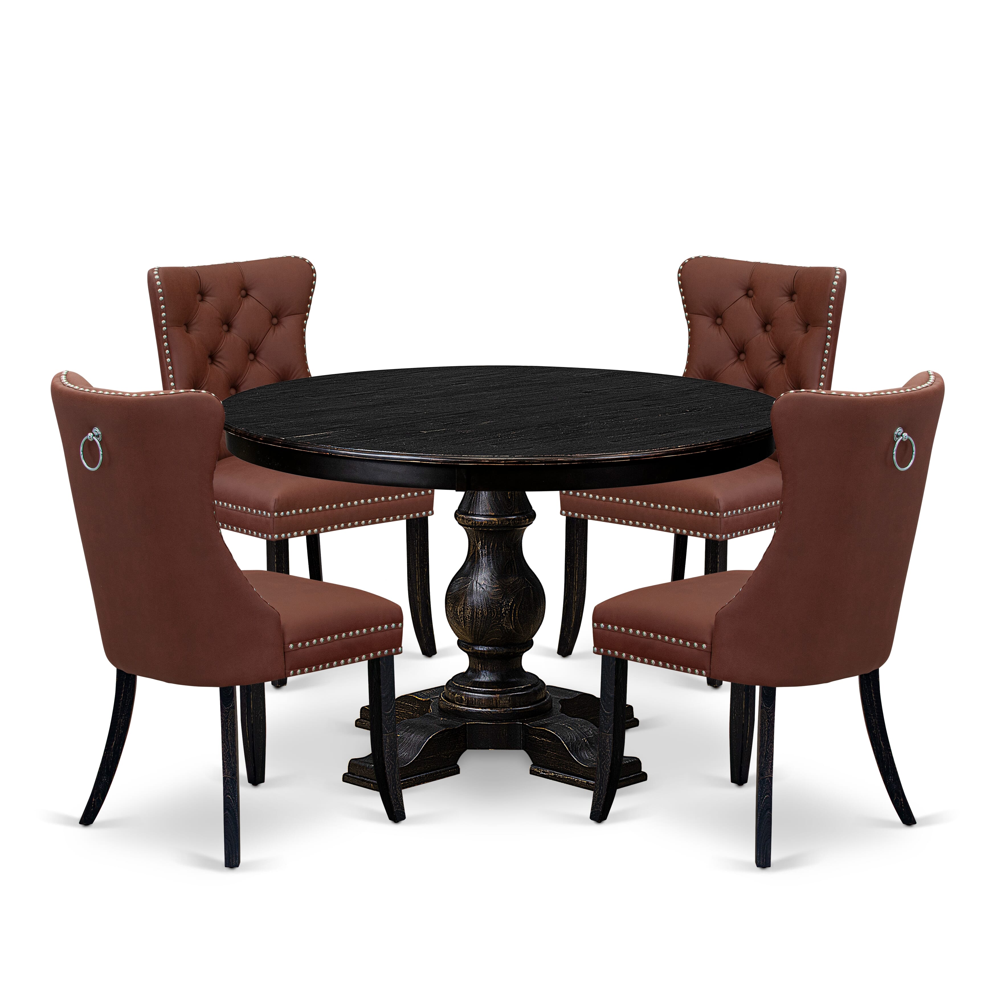 Luxe by East West Furniture F5DA5-411-26 5 Piece Dining Table Set Contains a 48" Round Table with Pedestal and 4 Burgundy Faux Leather Upholstered Chairs, Sand Blasted Black