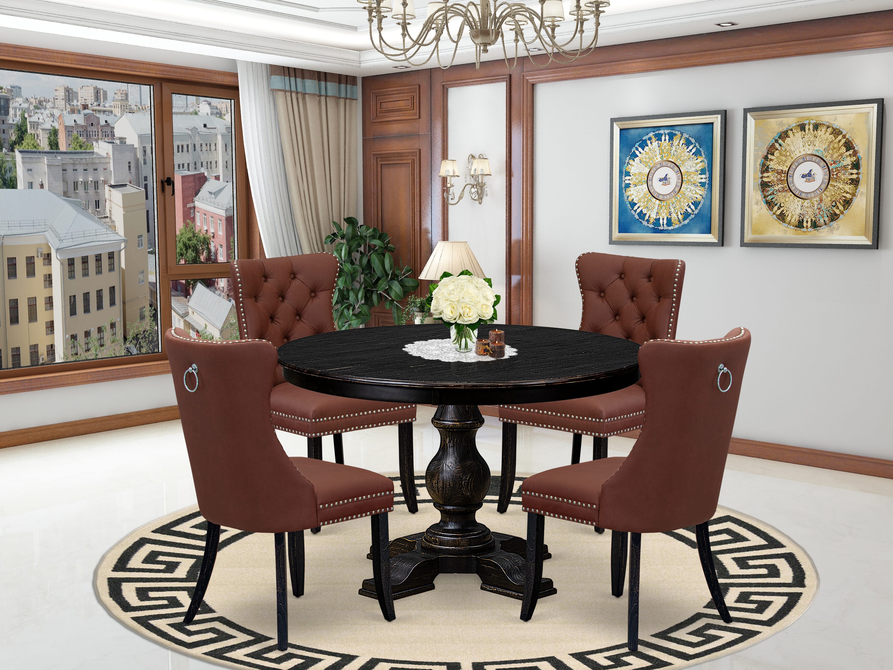 Luxe by East West Furniture F5DA5-411-26 5 Piece Dining Table Set Contains a 48" Round Table with Pedestal and 4 Burgundy Faux Leather Upholstered Chairs, Sand Blasted Black
